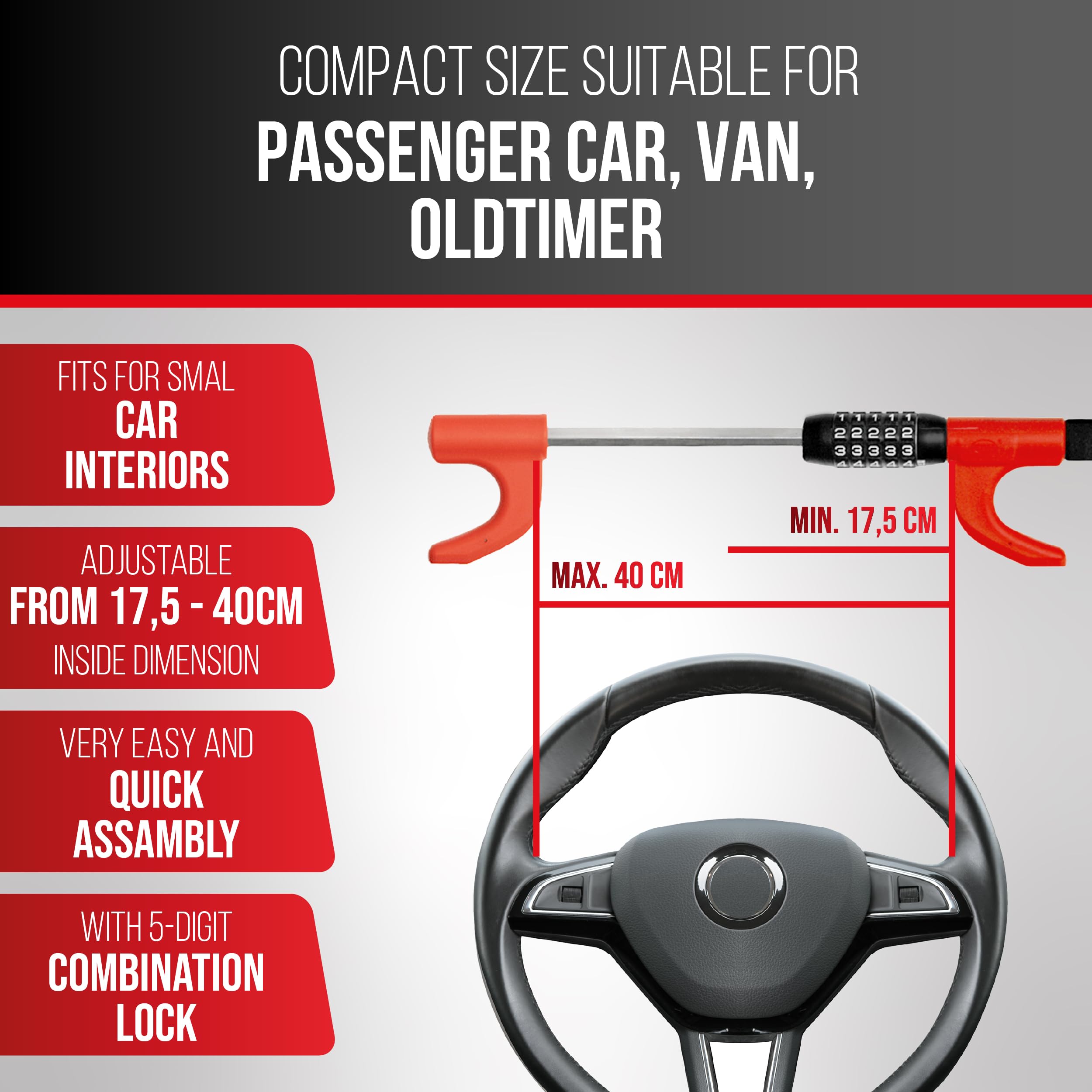 HEYNER® Blocco volante con serratura a combinazione, compatto, immobilizzatore, protezione antifurto per auto