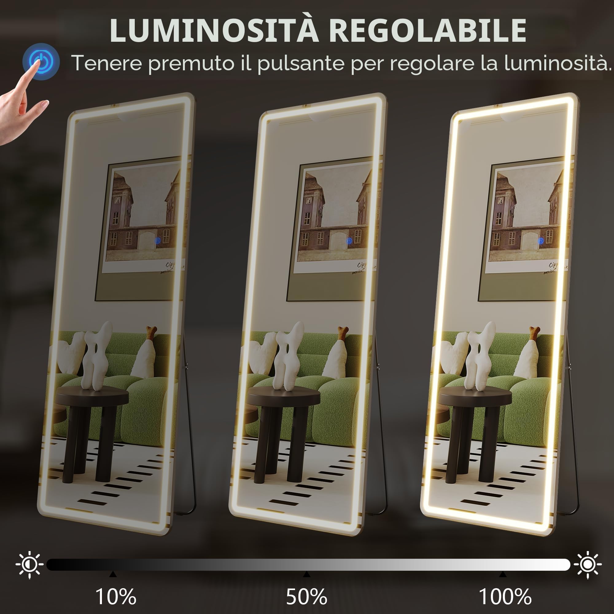 ZKIODV Specchio da parete 160 x 50 cm, con illuminazione, specchio a LED grande, grande specchio illuminato, con supporto per camera da letto, soggiorno, corridoio (nero)