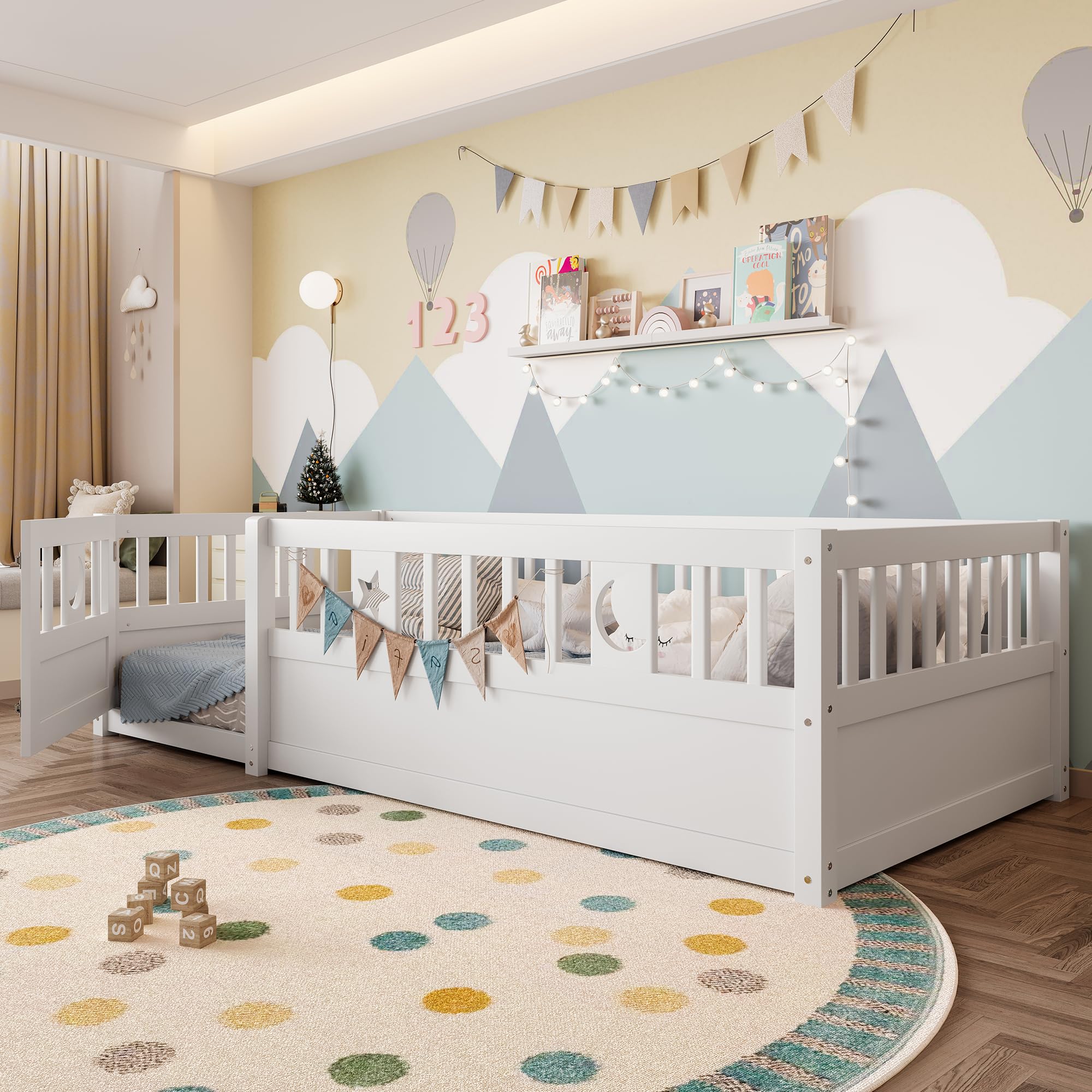 Cama Infantil al Suelo 90 x 190 cm, Cama Montessori con Barreras para Niños con Protección, Decoración de Estrella y Luna, sin somier de láminas, Colchón no Incluido, Blanco