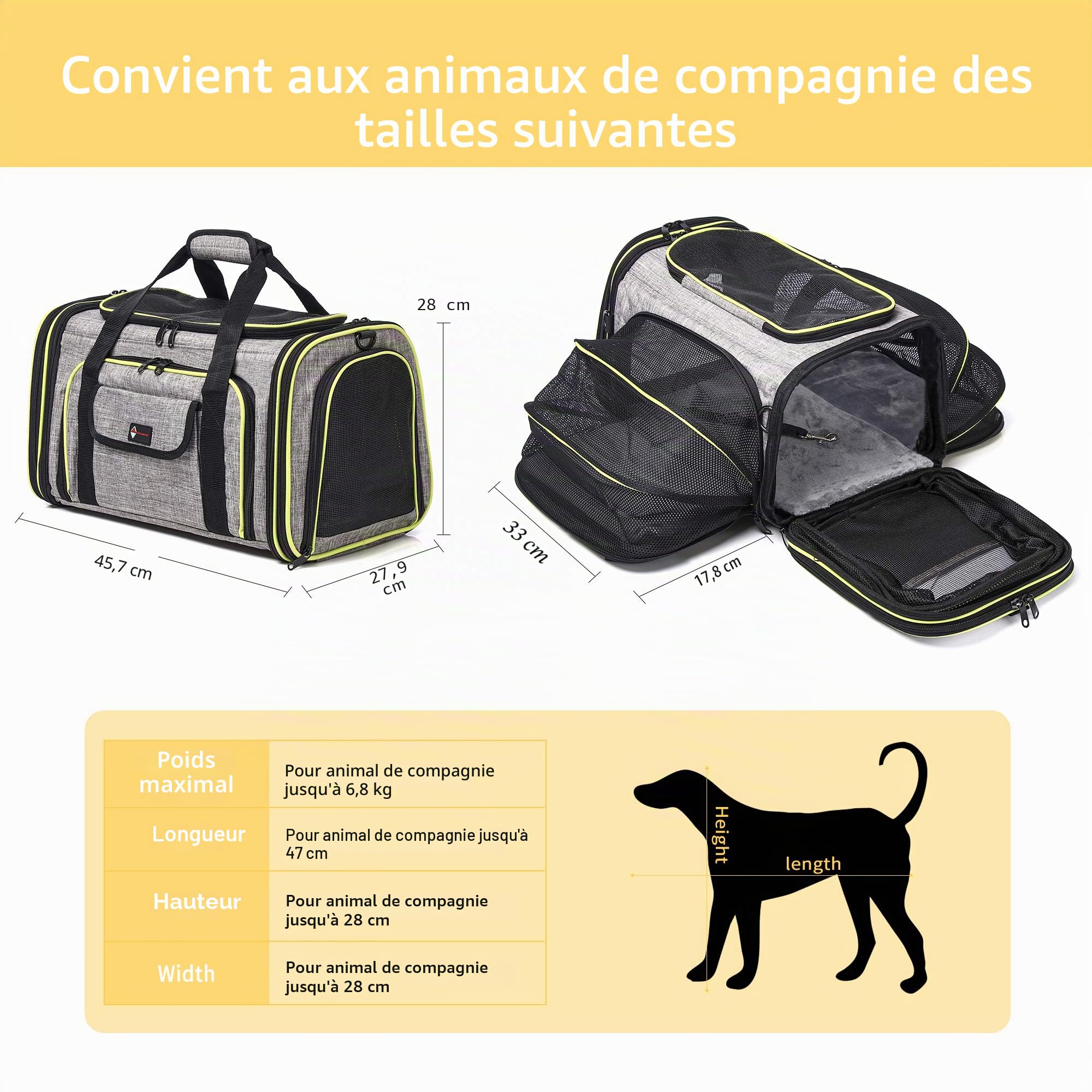 Sac Transport Chat Chien, Cage de Voyage Spacieux 4 Sens Extensibles, Caisse Chat Pliable pour Animal de Compagnie (Gris)