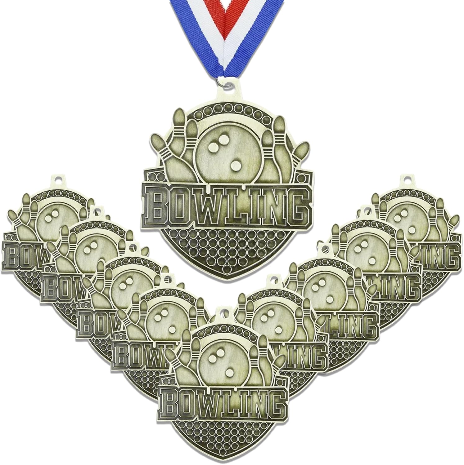 10 Pieces Bowling Medals with Neck Ribbon - for Bowling Competitions, Party, Club or Celebration Souvenir 4.3 Inches