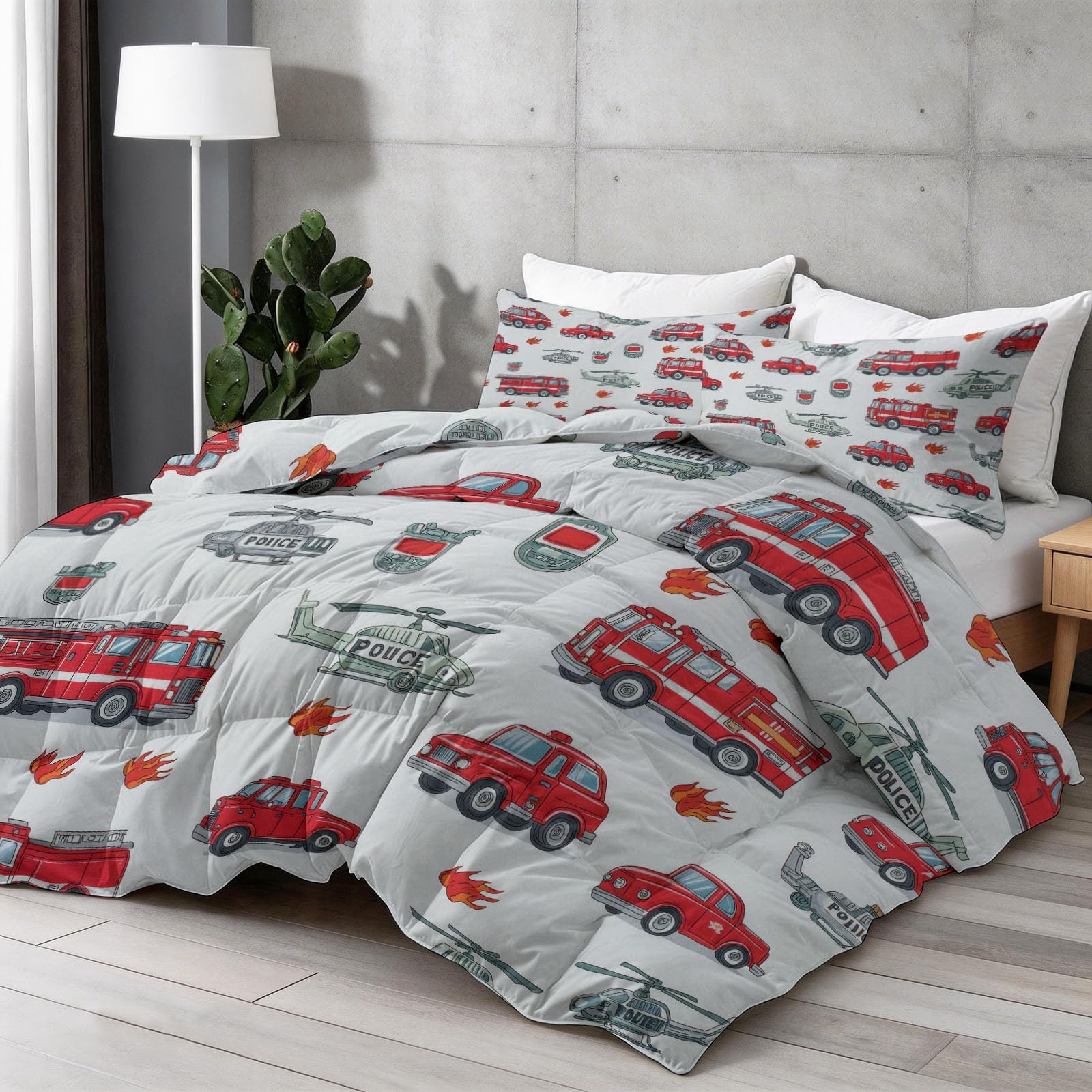 Weiß Bettdecke 135x200cm Feuerwehrautos Polizeiautos Ganzjahresdecke, Cartoon Bettdecke Ohne Bezug für Jungen, Weiche Waschbar Wende Steppdecke mit 2 Kissenbezug 80x80cm