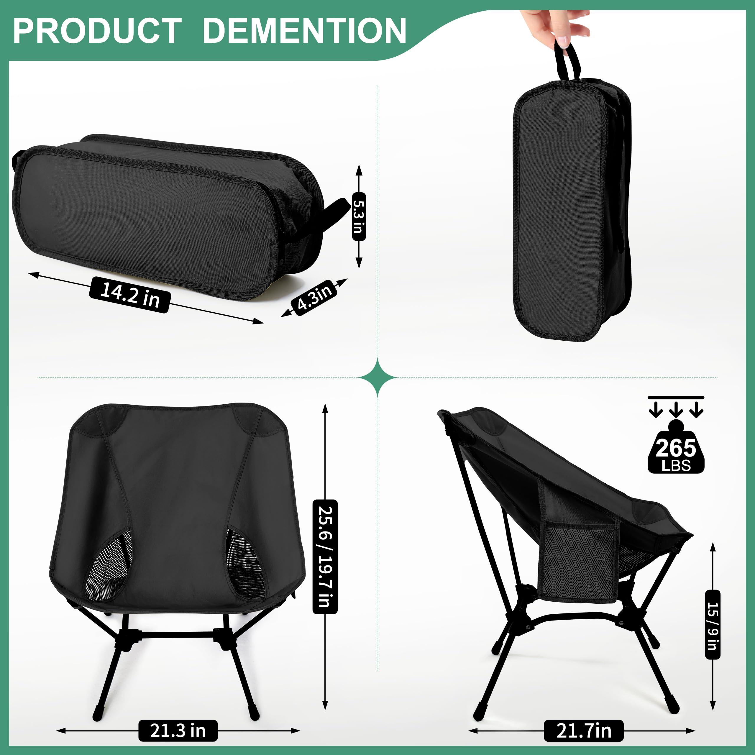 Lightweight Camping Chairs with Adjustable Height, Portable Camping Chairs for Adults with Carry Bag and Side Pockets, Folding Chairs for Outside for Camping, Beach, Fishing, Trip, Picnic (Black)