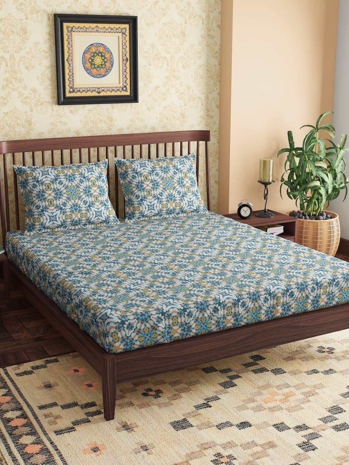 300 TC Alhambra Teal 100% Cotton Queen Size Bed Sheet with 2 Pillow Covers-image-4