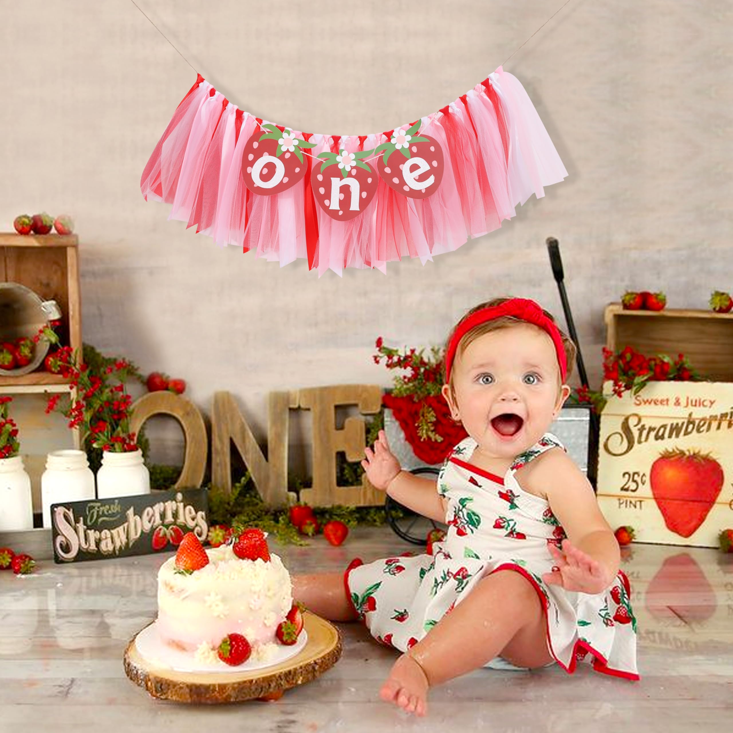 Strawberry Theme High Chair Banner - First Birthday Decor For Girls, Cake Smash Photo Prop, 80 Inch Long - View #5