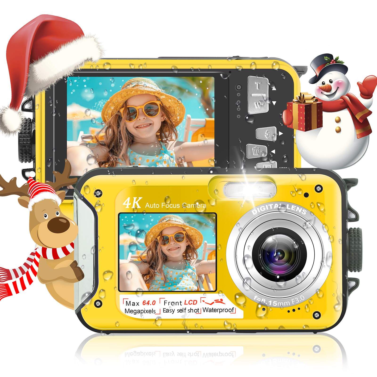 Unterwasserkamera, Yixinxin Digitalkamera wasserdichte UHD 4K 64MP Autofocus mit Einer 32GB Karte Selfie Doppelte Bildschirme wasserdichte Kamera zum Schnorcheln
