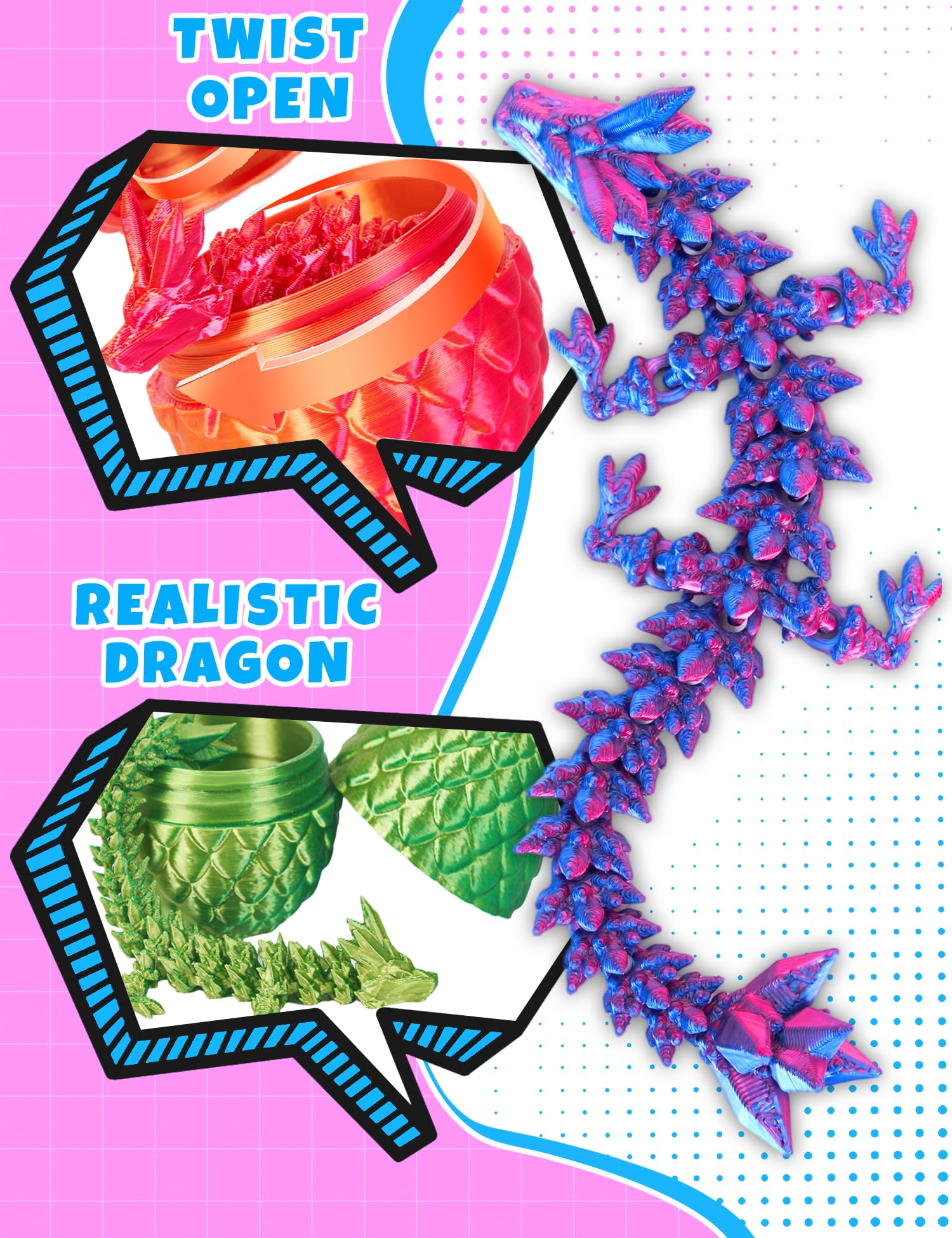 4PCS 3D Printed Dragon Eggs with Dragon Inside Graduation Gifts for Kids Dragon Eggs Set Mystery Dragon Animals Fidget Toy 3D Printed Dinoasur Eggs Kindergarten Graduation Gifts Preschool