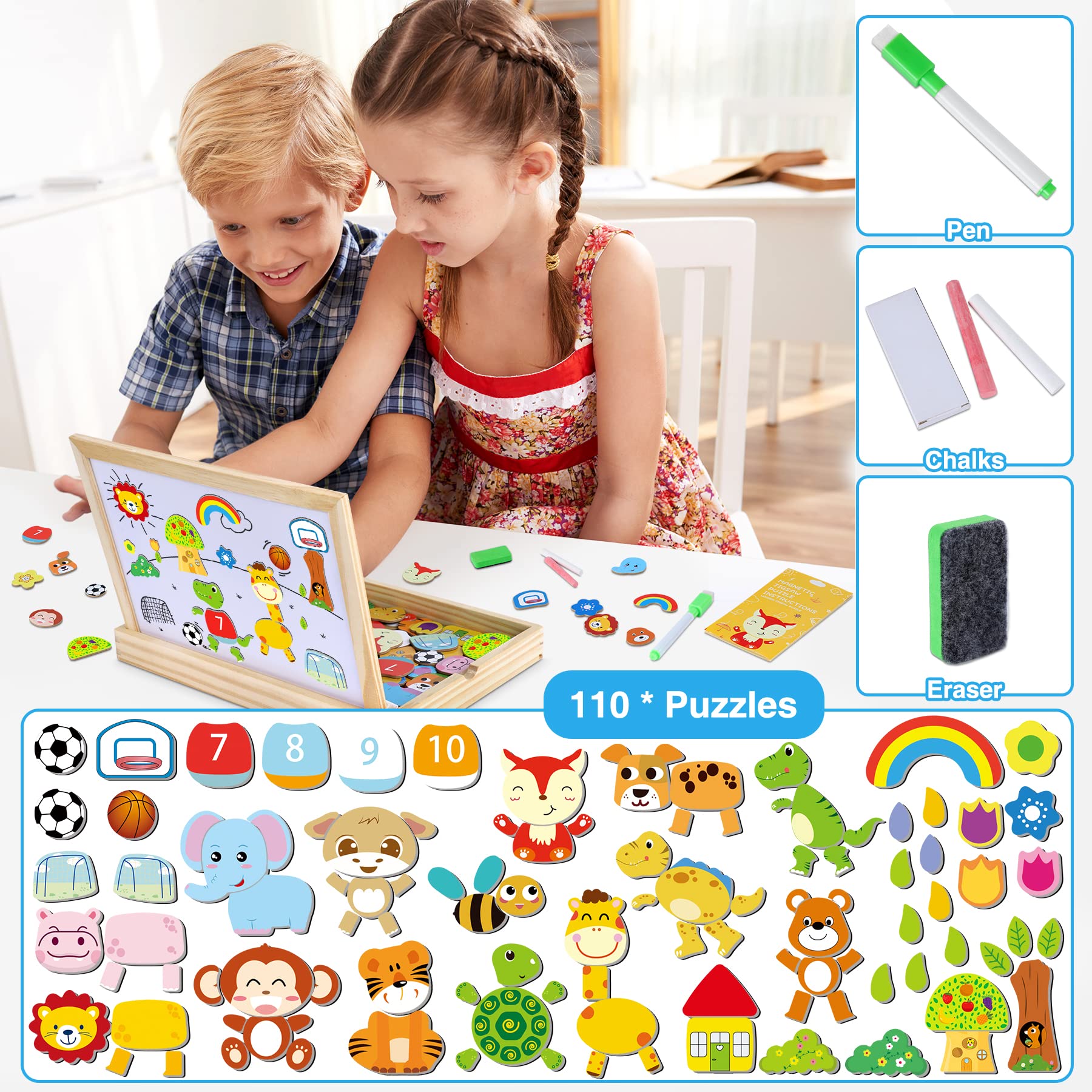 Jojoin 110 PCS Puzzle Magnetico Legno - Lavagna Magnetica Animali Giocattolo per Bambini - Giochi Montessori Educativi Lavagnetta Magnetica - Giochi Puzzle Regalo Bambini 2 3 Anni