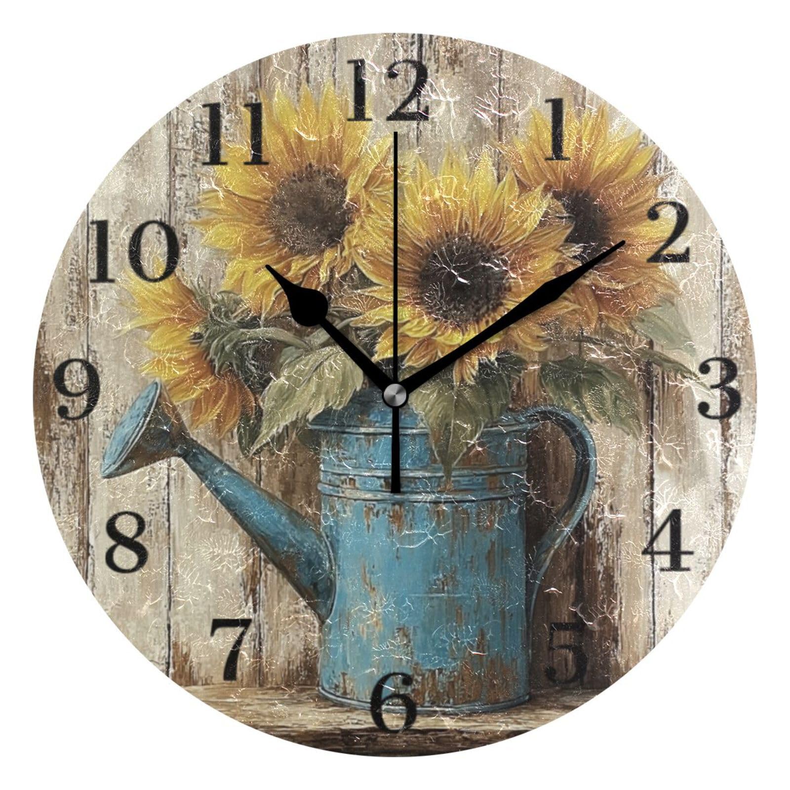 Ensound Rustic Wooden Sunflowers Wall Clock Silent Non-Ticking Battery Operated Clocks 12 Inch for Kitchen Home Living Room