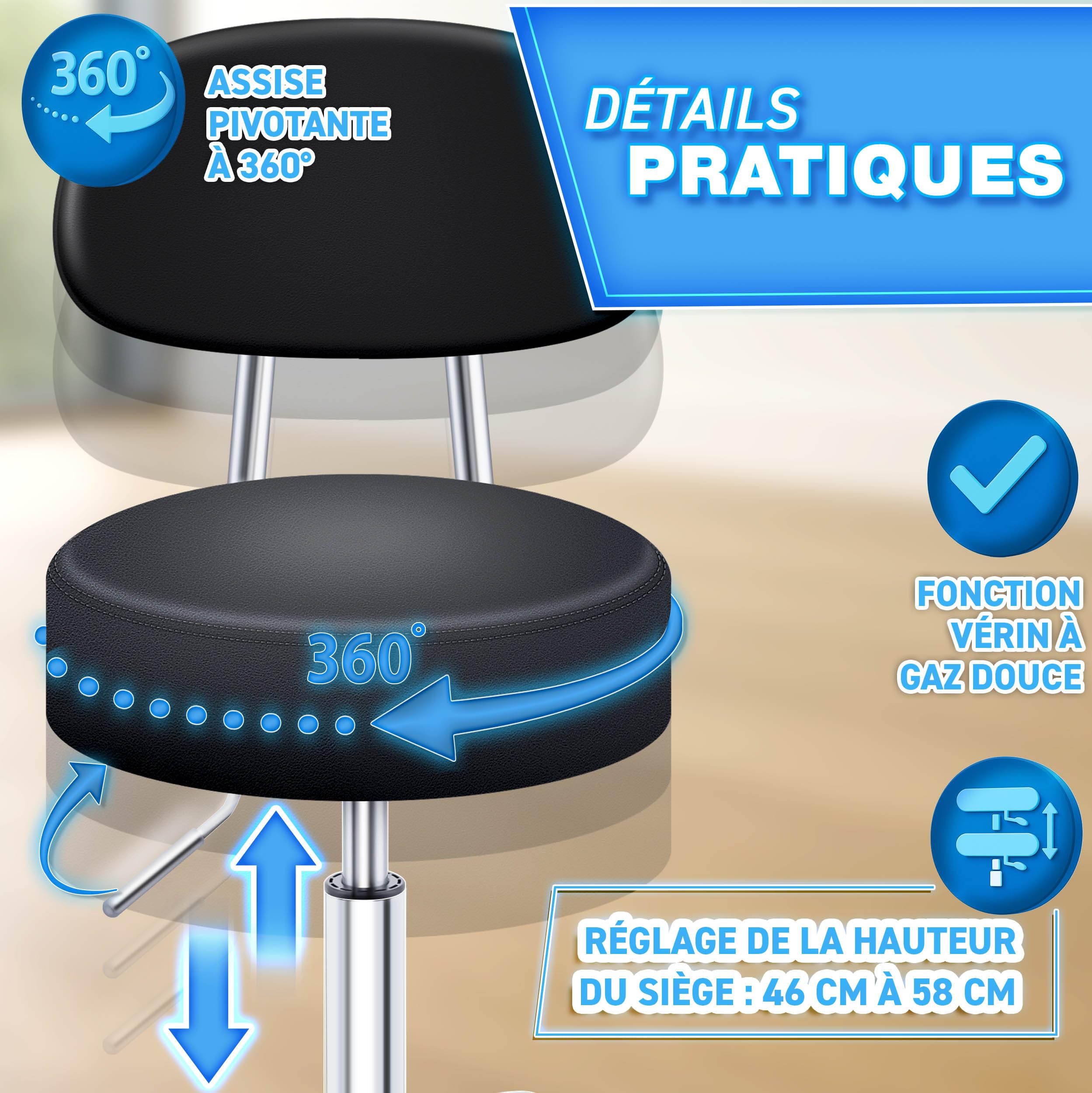 TRESKO® Tabouret à roulettes avec dossier noir - Hauteur réglable de 46 à 58 cm - Tabouret pivotant avec roulettes - Chaise de bureau pivotante - Tabouret cosmétique