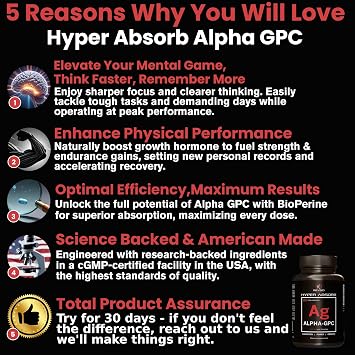 Alpha GPC Supplement & BioPerine for Hyper Absorption - 120 Count, Alpha-GPC 600mg per Serving - Nootropics for Memory, Focus, Energy, Drive - Choline Supplements to Boost Acetylcholine, Made in USA