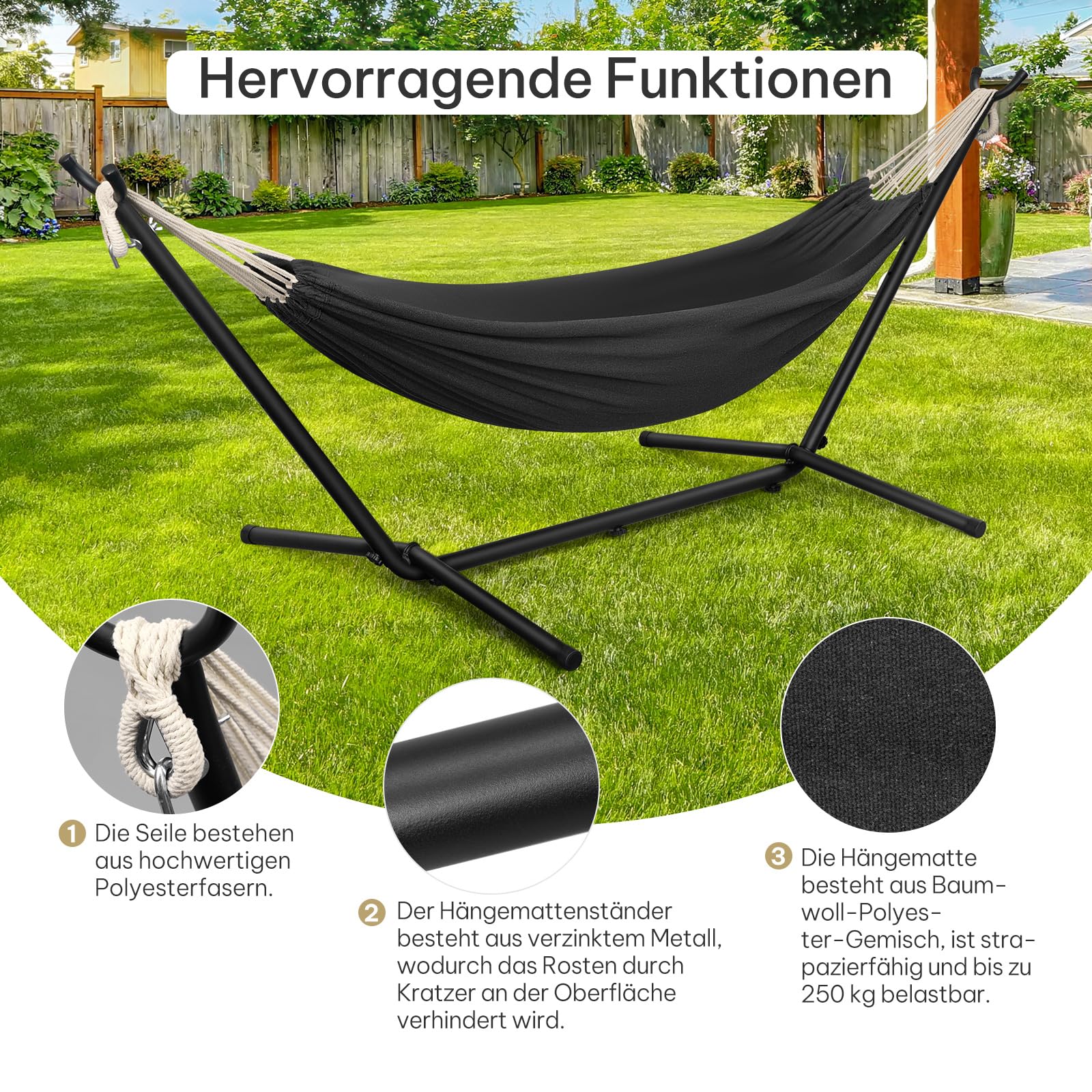 Laneetal Hängematte mit Gestell,Hängematte Indoor & Outdoor, Doppel für 2 Personen, 250 kg belastbar,mit Tragtasche, für Indoor Schwimmbad Terrasse Hof Garten Balkon (Dunkelgrau, 280 * 106 * 100cm)