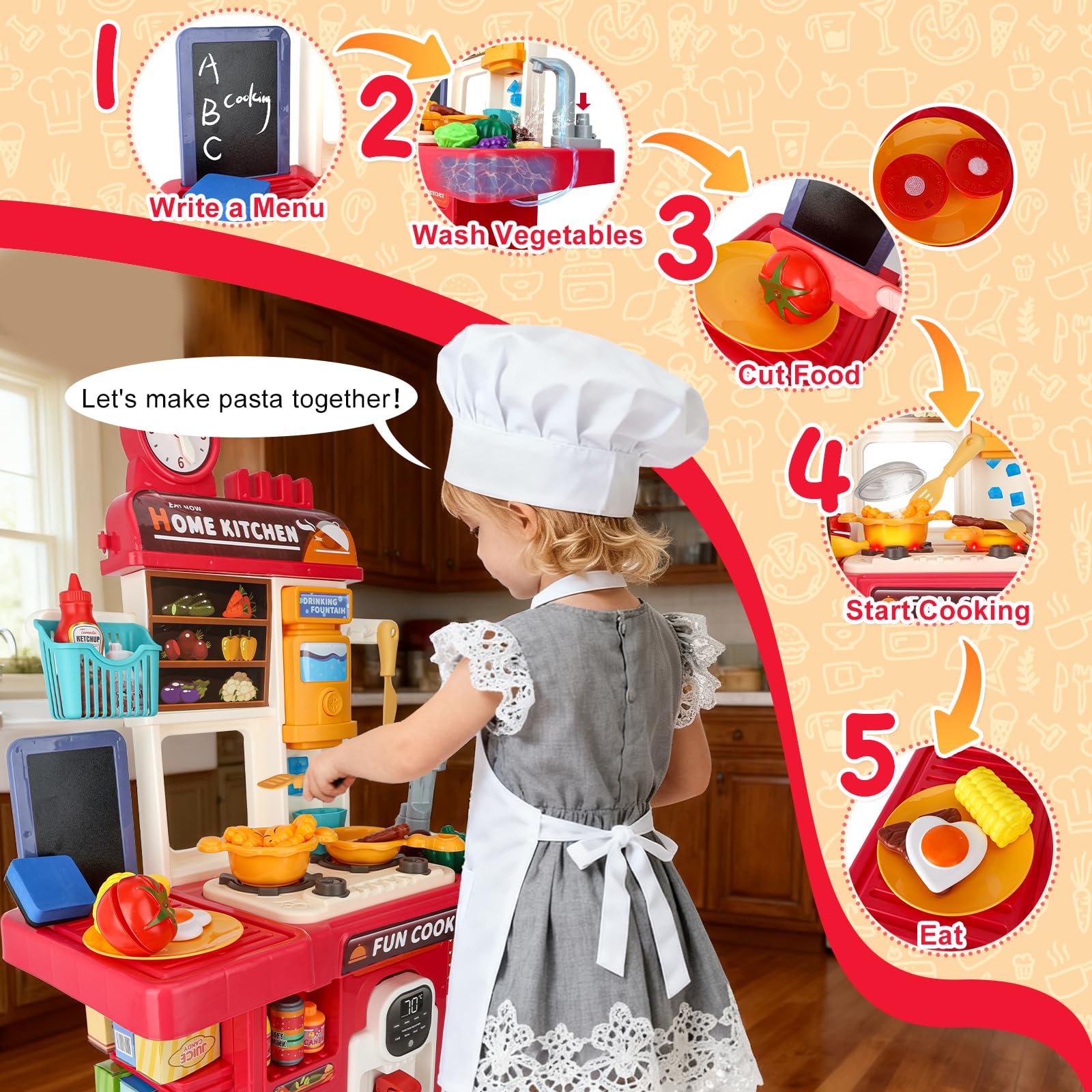Cocina Juguete Niños Set de Cocina en Miniatura con Fregadero de Spray y Iluminación Realista, Juego de Cocina Simulada para Niñas y Niños de 3 4 5 Años, Regalo (Rojo)