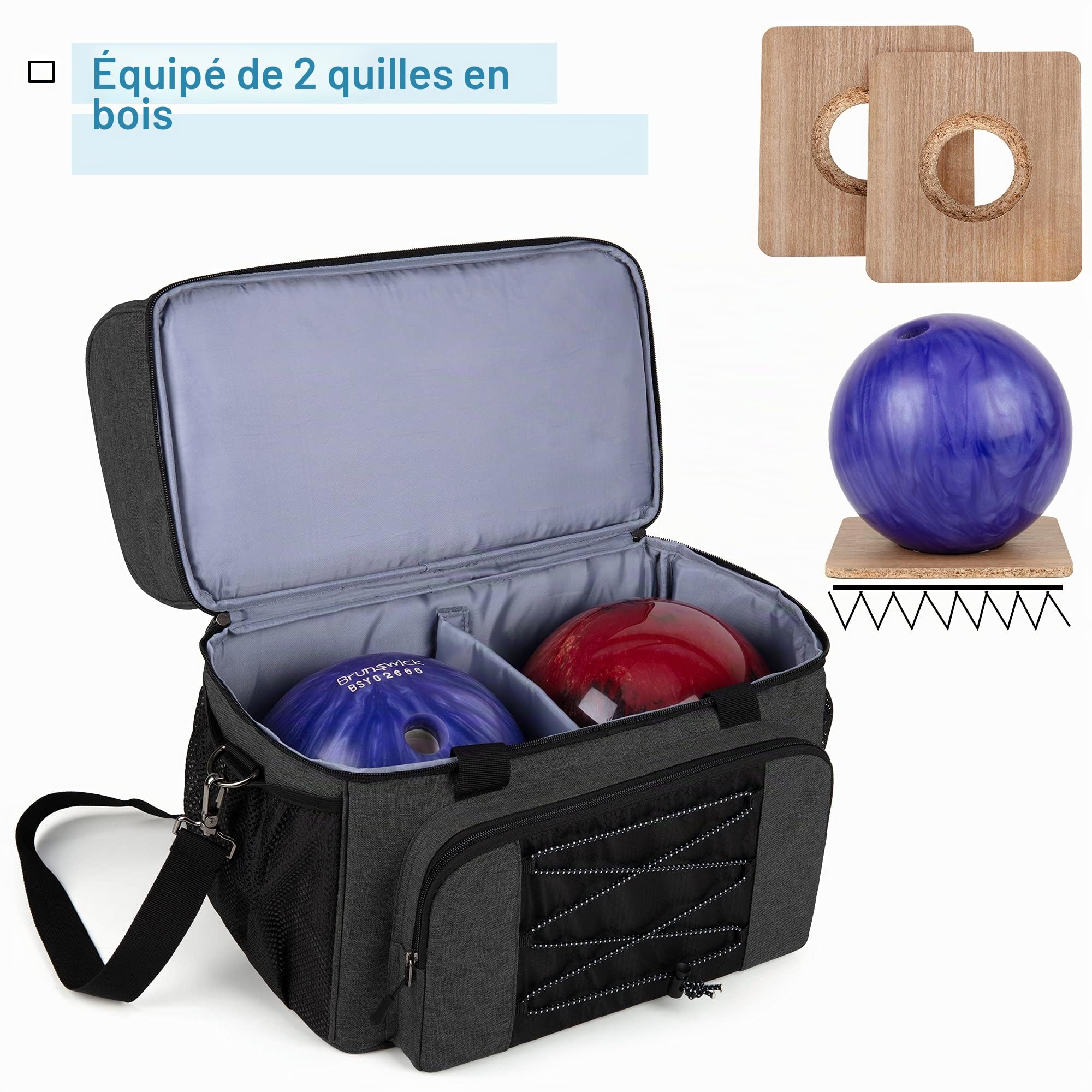 DSLEAF Sac de Bowling pour 2 Boules Fourre-Tout Bowling avec Gobelets en Bois et Séparateur Rembourré