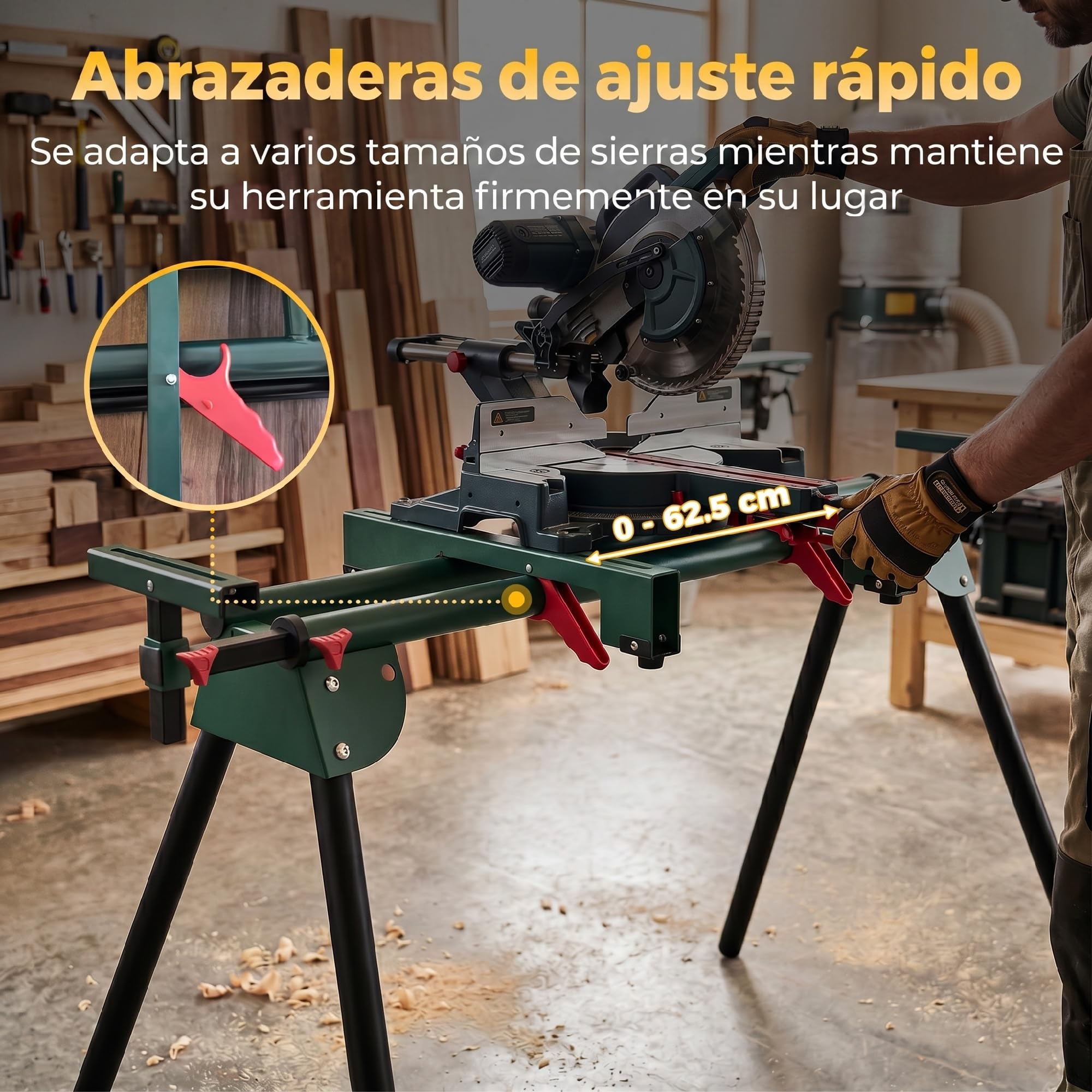 HOMCOM Soporte Sierra Ingletadora Universal Rodillos Extensibles 94-19 cm | Banco de Trabajo Plegable, Altura y Ancho Ajustable, Estructura Metálica Reforzada, Sistema Fijación, Carga 150 kg