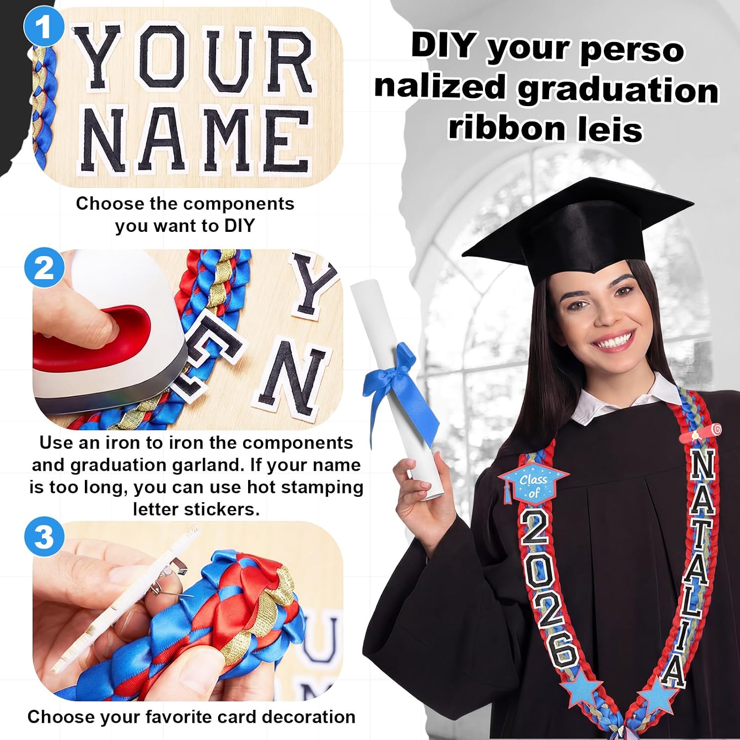 Juexica Graduation Lei Class of 2026, Graduation Ribbon Money Lei Personalized DIY Name Braided Necklace for Women Men Congrat Grad Party Gift Accessories(Red Blue,1 Set) image 4