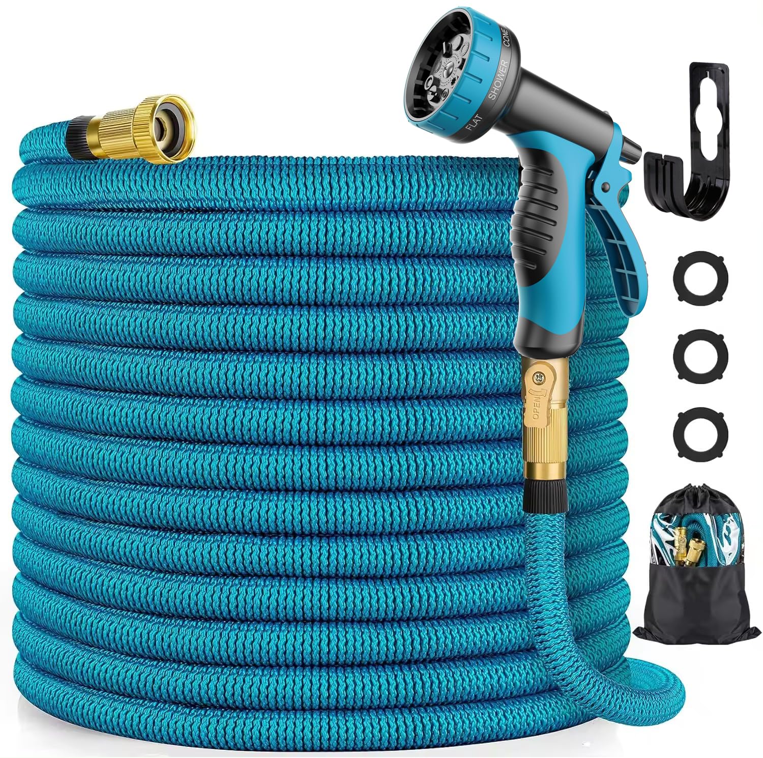 100ft Expandable Garden Hose Set - Durable 3750D Fabric, 4-Layer Latex Core, Strong Brass Connectors - 10 Spray Nozzles & Convenient Storage Bag
