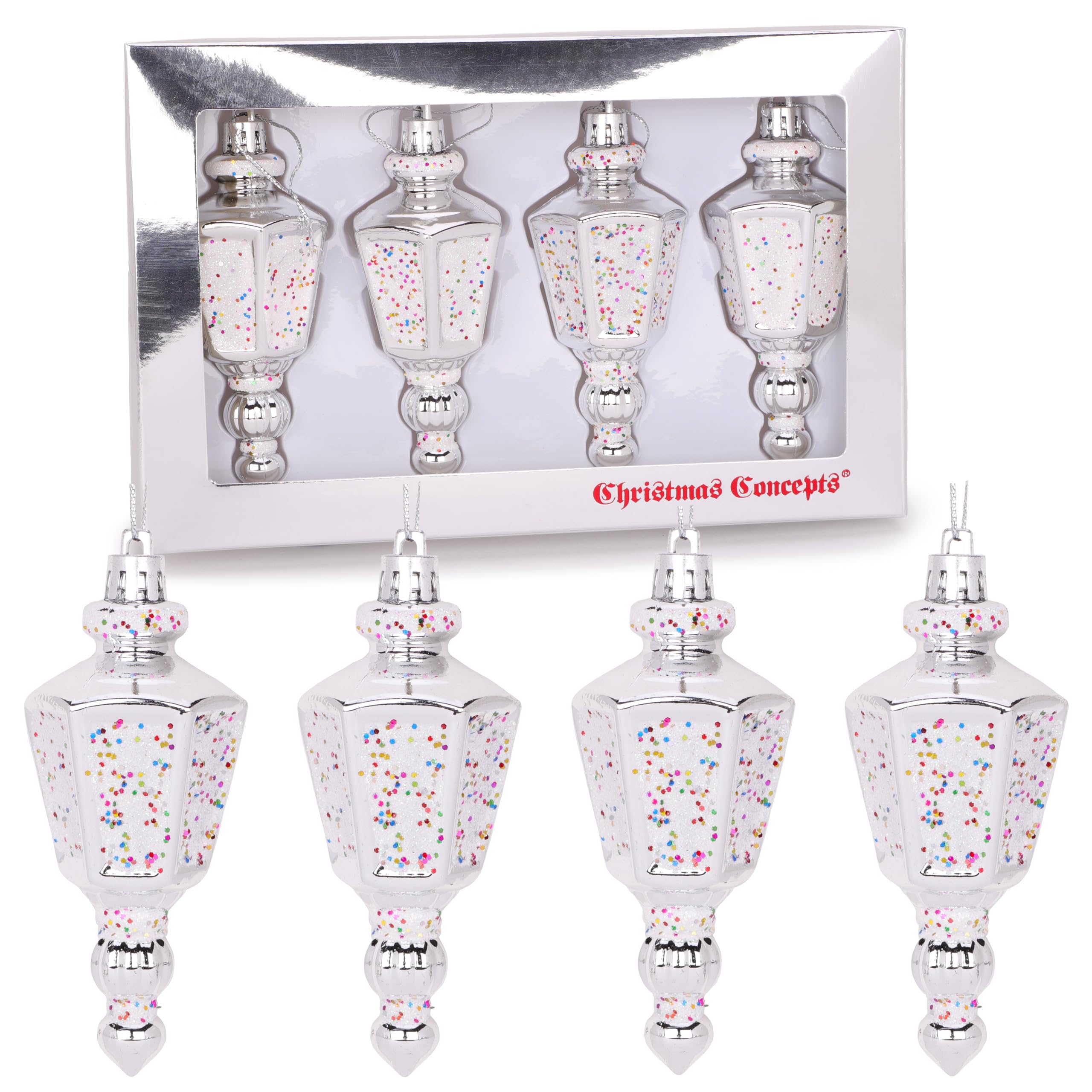 Christmas Concepts® Pack Of 4-110mm (4.3") Silver Glittery Festive Lantern Baubles - Christmas Tree Decorations
