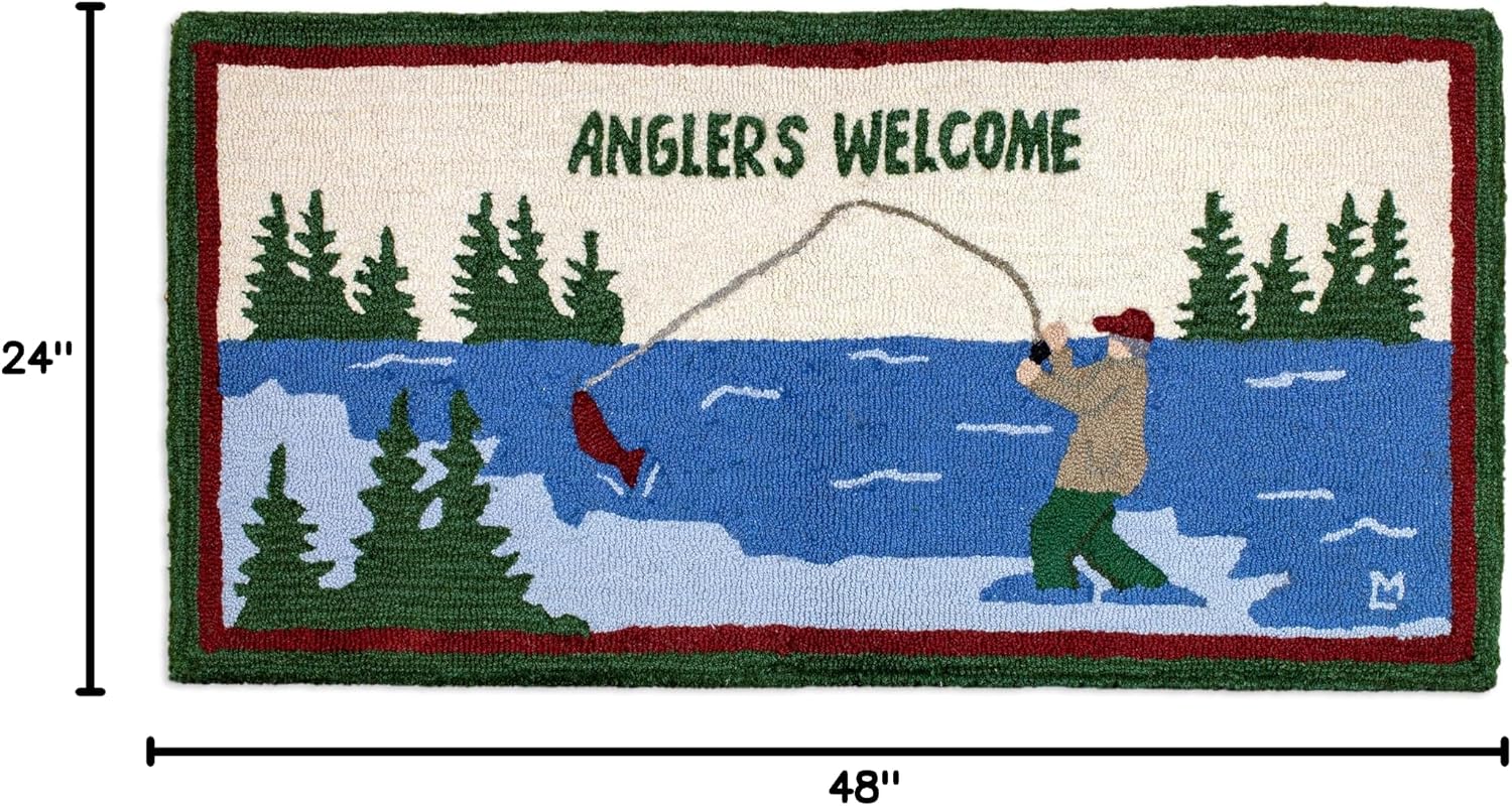 Chandler 4 Corners Artist-Designed Anglers Welcome Hand-Hooked Wool Accent Rug - Lake & Lodge Themed Rug for Hallway, Living & Dining Rooms - Low Maintenance Summer Lake & River Fishing Rug