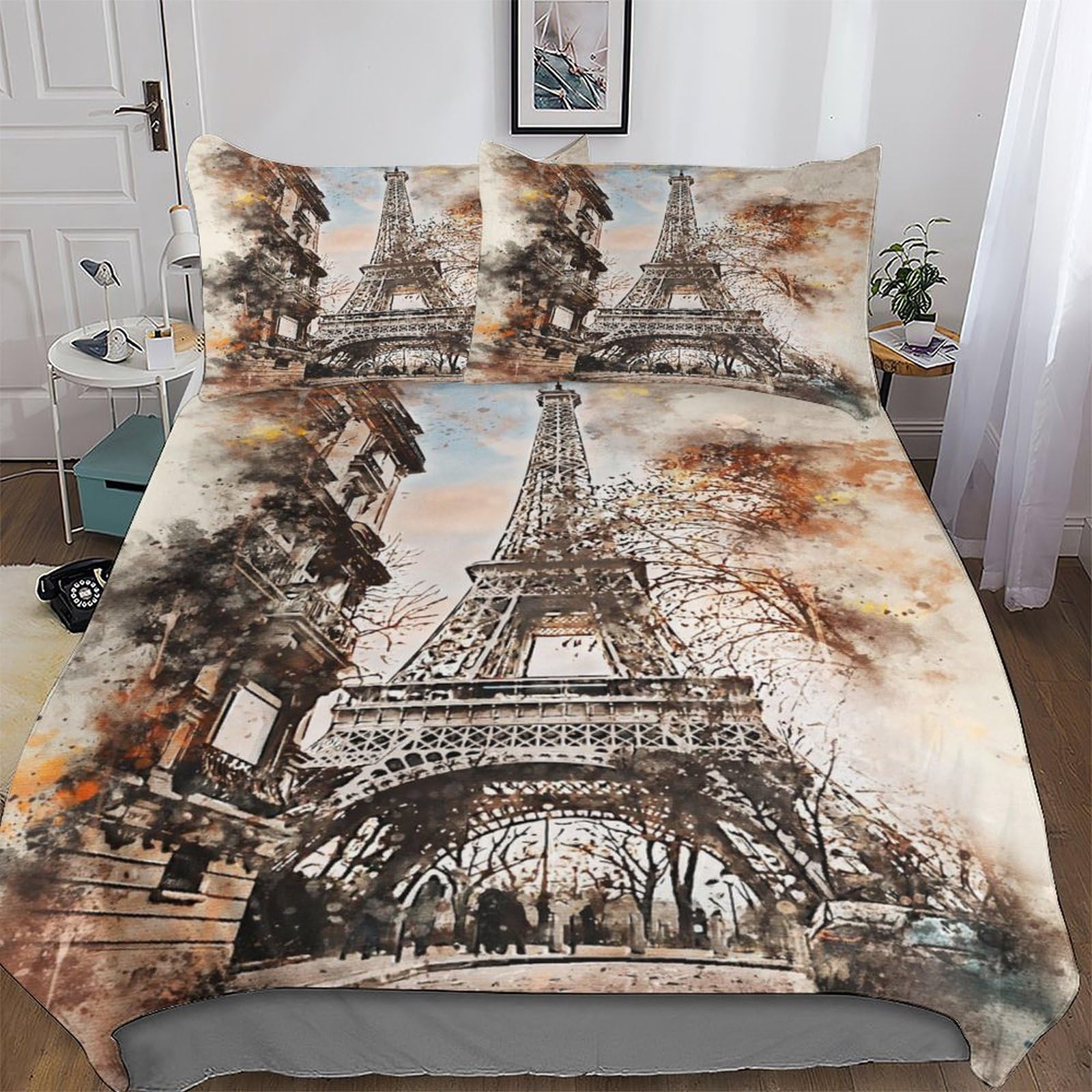 Housse de couette Paris aquarelle 220x240 en microfibre douce avec 2 taies