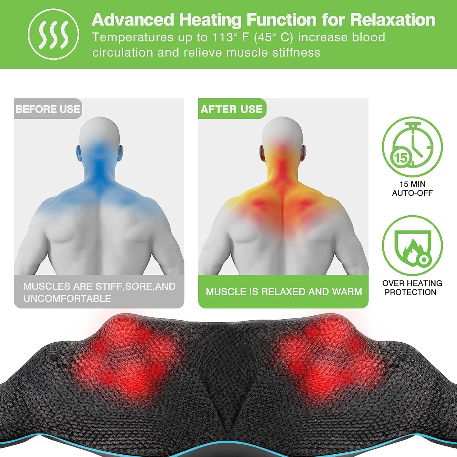 cotsoco Neck Massager, Shiatsu Neck and Back Massager with Heat for Pain Relief, Deep Tissue 3D Kneading Massage Pillow, Relaxation Gifts for Men and Women, Gifts for Dad, Elderly,Wife（Teal）