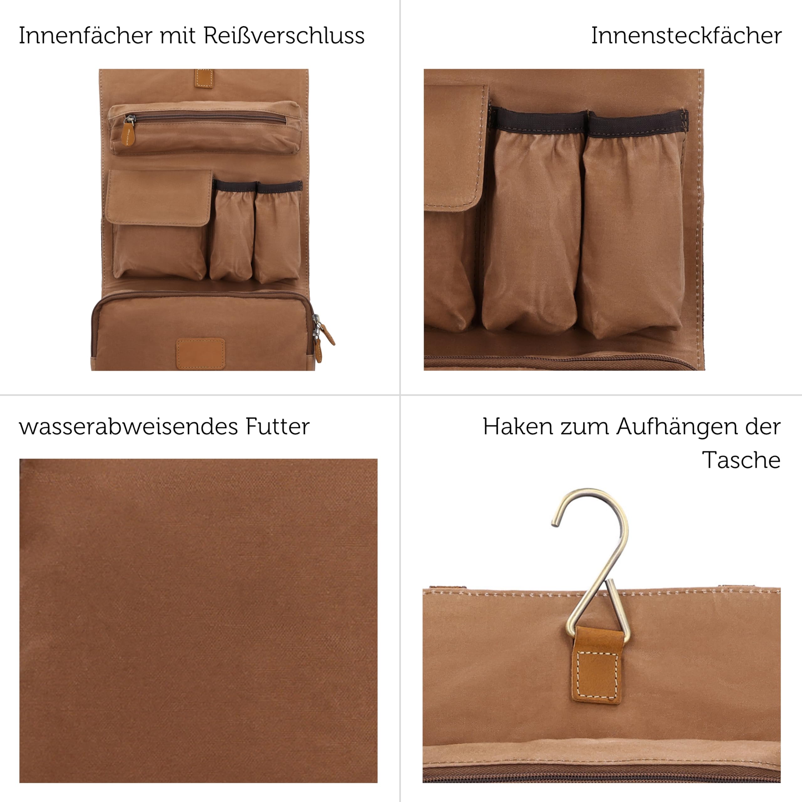 Gusti Rodney - Bolsa de aseo de piel para mujer y hombre, para colgar, neceser de viaje, neceser de maquillaje, organizador, artículos de tocador, lona, piel, marrón claro, talla única, Sencillo y