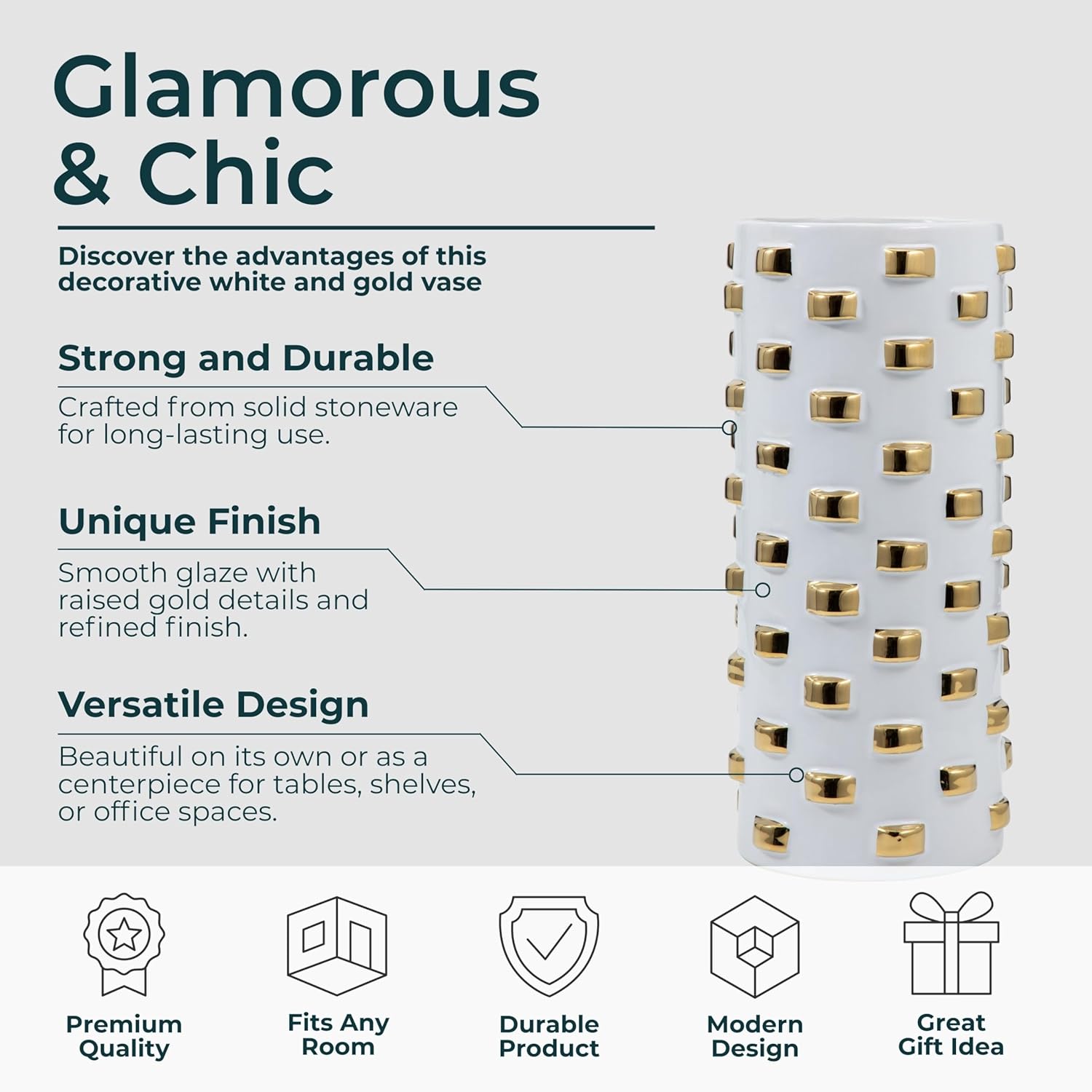 Stoneware Decorative Vase – Flower Holder for Tabletop Decor – Living Room or Office – Textured Accent for Modern Home Decor and Layered Display Styling – Cylinder – 15", White and Gold