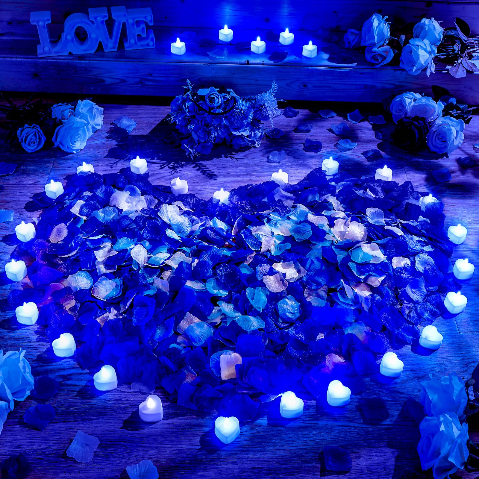 Honoson 1000 Pieces Artificial Rose Petals with 24 Pcs Flameless Heart Shaped LED Tealights Candles Special Romantic Night Decorations for Proposal Wedding Anniversary Table Decor(White with Blue)