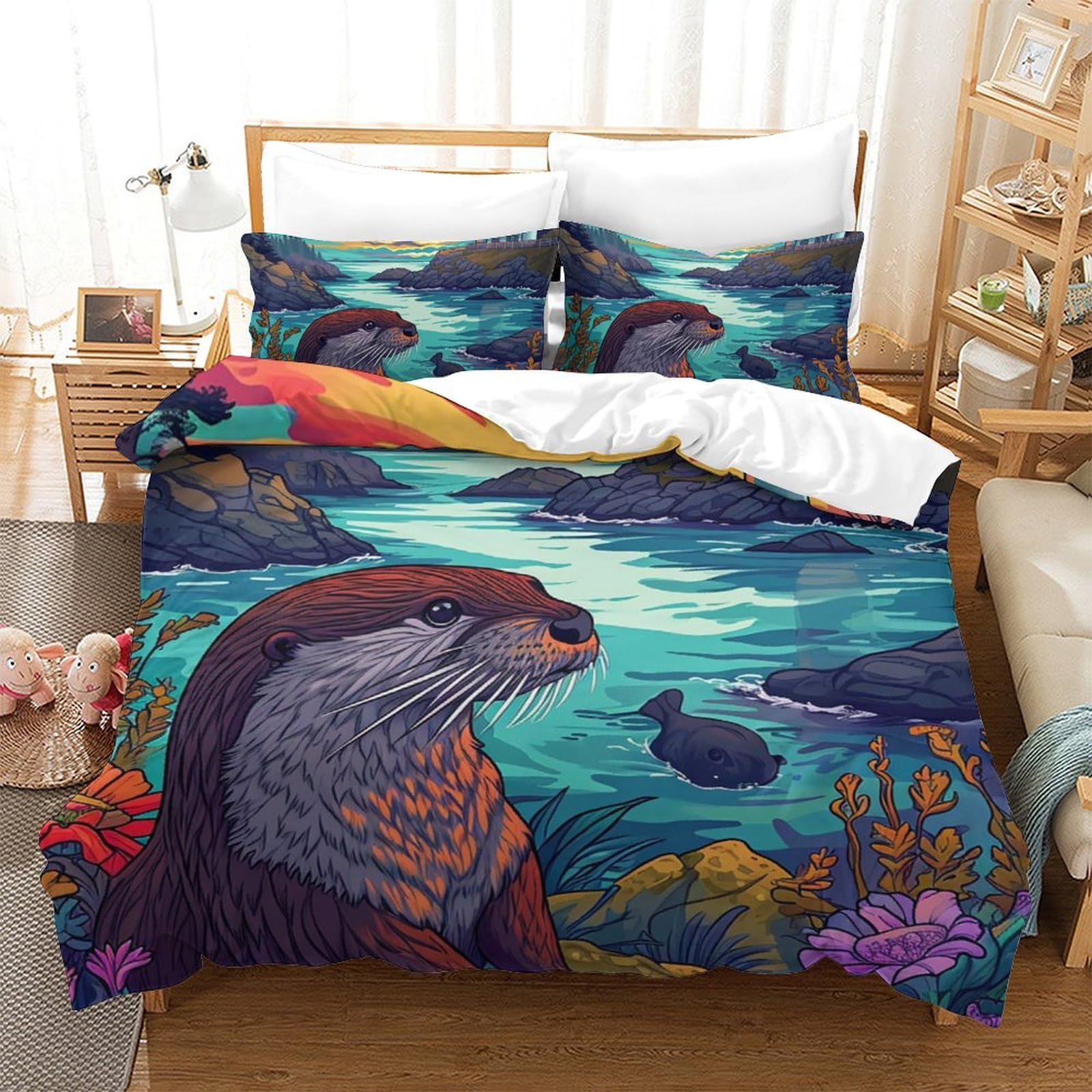 Housse de couette loutre 3 pièces microfibre respirante lit double 200x200cm