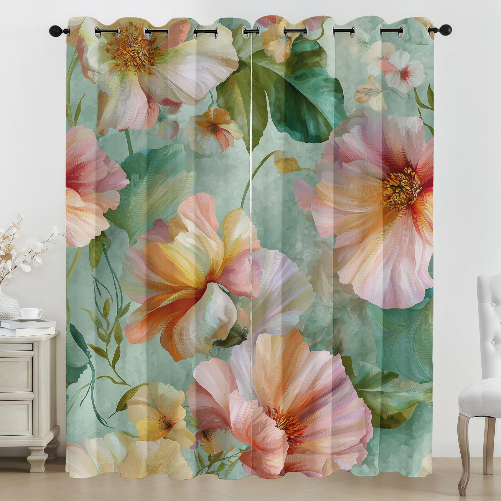 Generisch Rosa Orange Blume Vorhänge Aquarell Vorhang Blickdicht, Gardinen mit Ösen 2er Set, Thermovorhang für Wohnzimmer Schlafzimmer Fenster Deko H 245 x B 140 cm K20p