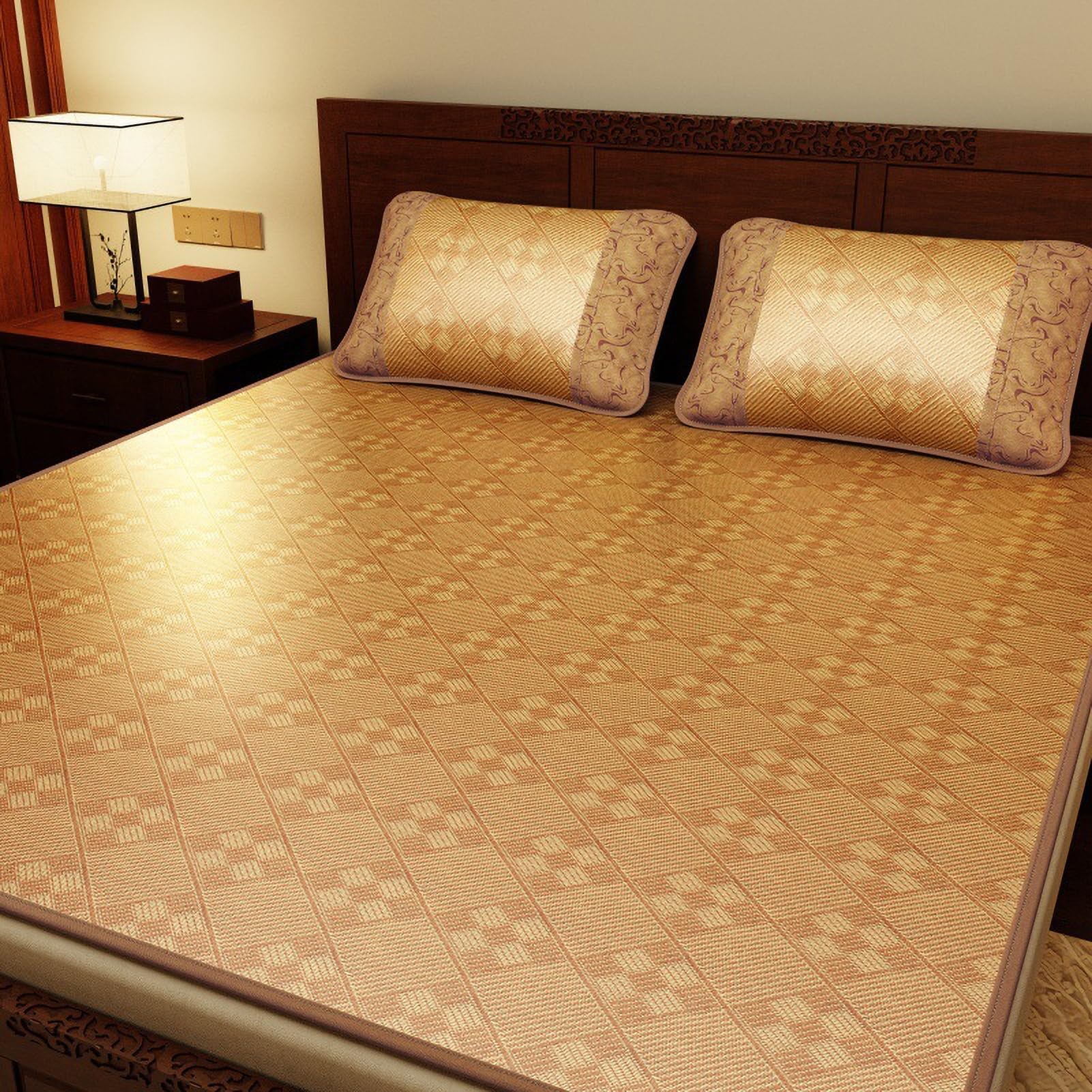 AVSMGP ,A,135×200CM/53.1×78.7", Handmade Summer Sleeping Mat with Pillowcases, Double-Sided Breathable Non-Slip Cooling Pad for Bed, Foldable Quick Dry Topper for Home, School, Dormitory