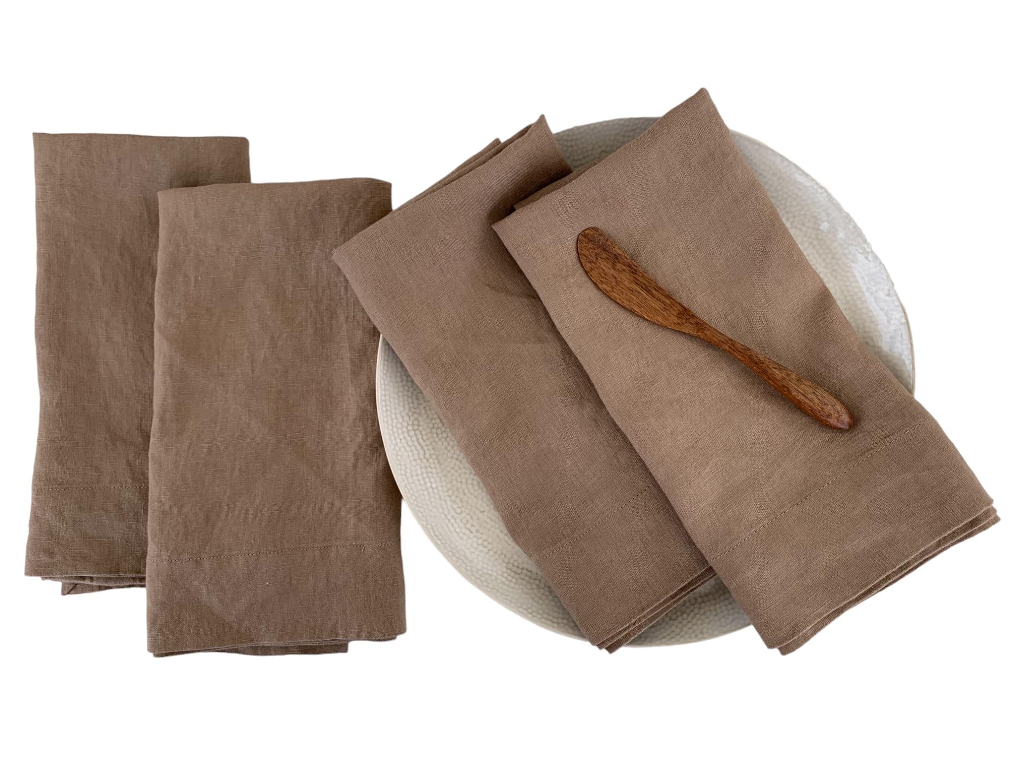Eight Owls Linen Napkins - Stonewashed Pure Linen Cloth Napkins – Size 20 Inch x 20 Inch - 2 Inch Hem with Mitered Corners – 100% French Flax – Set of 4 Dinner Napkins, Rustic Luxe - Cocoa