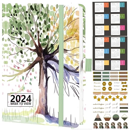 Nitukany Diary 2024 A4 Week to View from January 2024 to December 2024 with Calendar Stickers, Appointments Faux Leather Cover, Elastic Closure, Back Pocket, Pen Loop 8.5''x11''