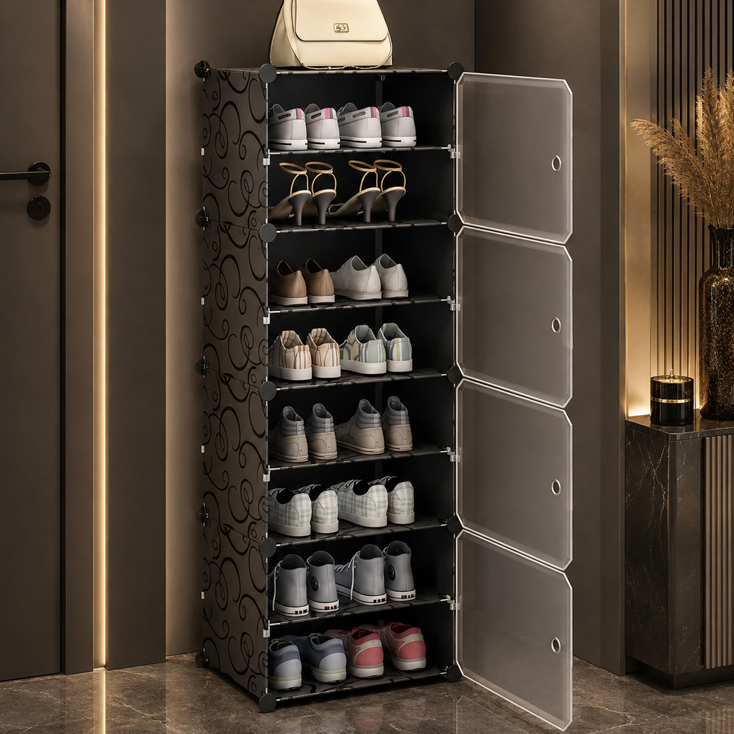 AYSIS Premium Foldable Plastic Shoe Rack for Home, 𝟒 𝐃𝐨𝐨𝐫 𝟖 𝐒𝐡𝐞𝐥𝐟 Shoe Cabinet, Dustproof & Waterproof Organizer, Portable Space Saving Storage for Entryway, Bedroom & Living Room, Black