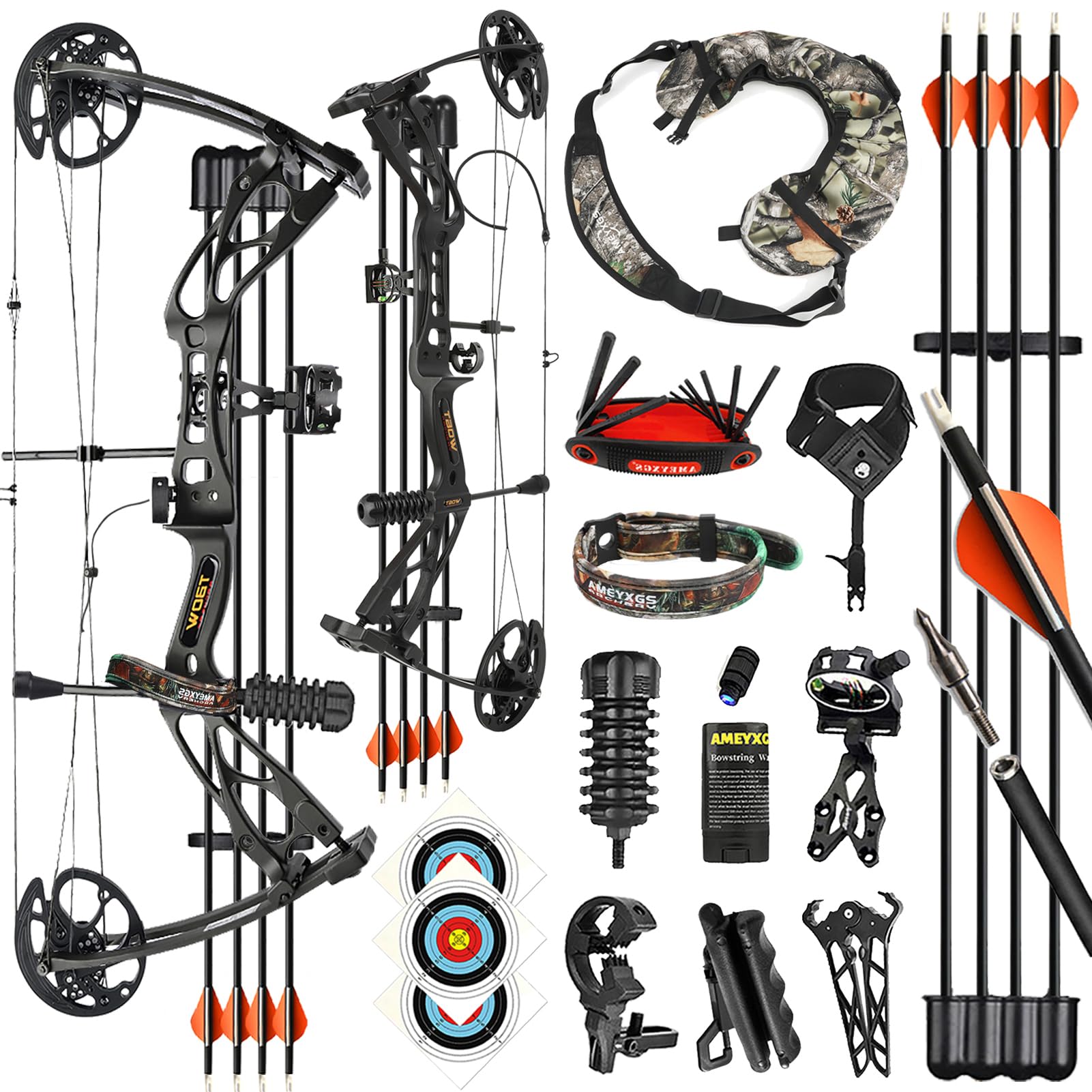 Compoundbogen Set 0-70lbs Verstellbarer Rechtshänder Bogen - 325 FPS IBO Geschwindigkeit - Komplettes Archery-Set mit Pfeilen, Koffer und Zubehör