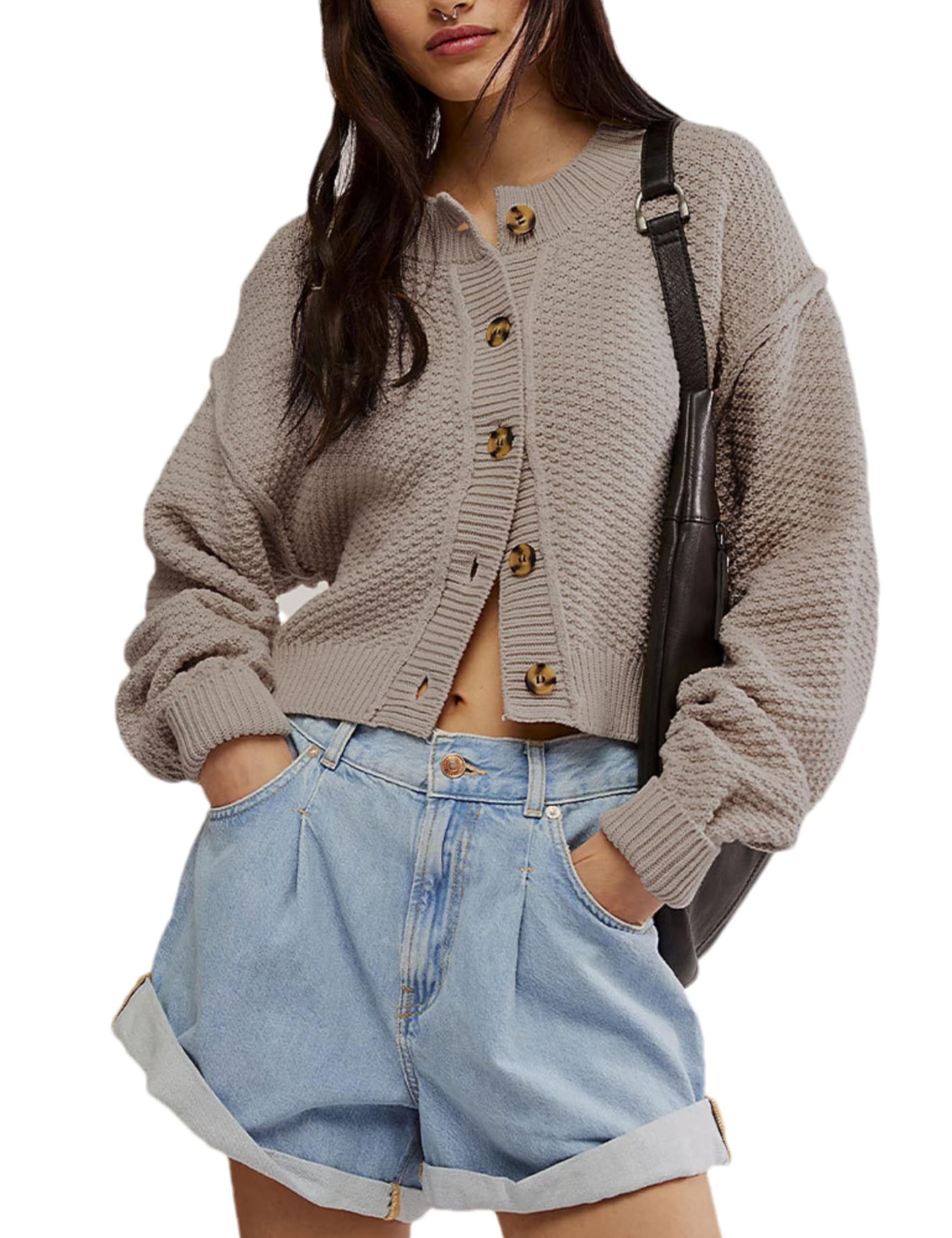 Womens Oversized Cropped Cardigan Sweater Open Front Long Sleeve Button Down Knit Outwear