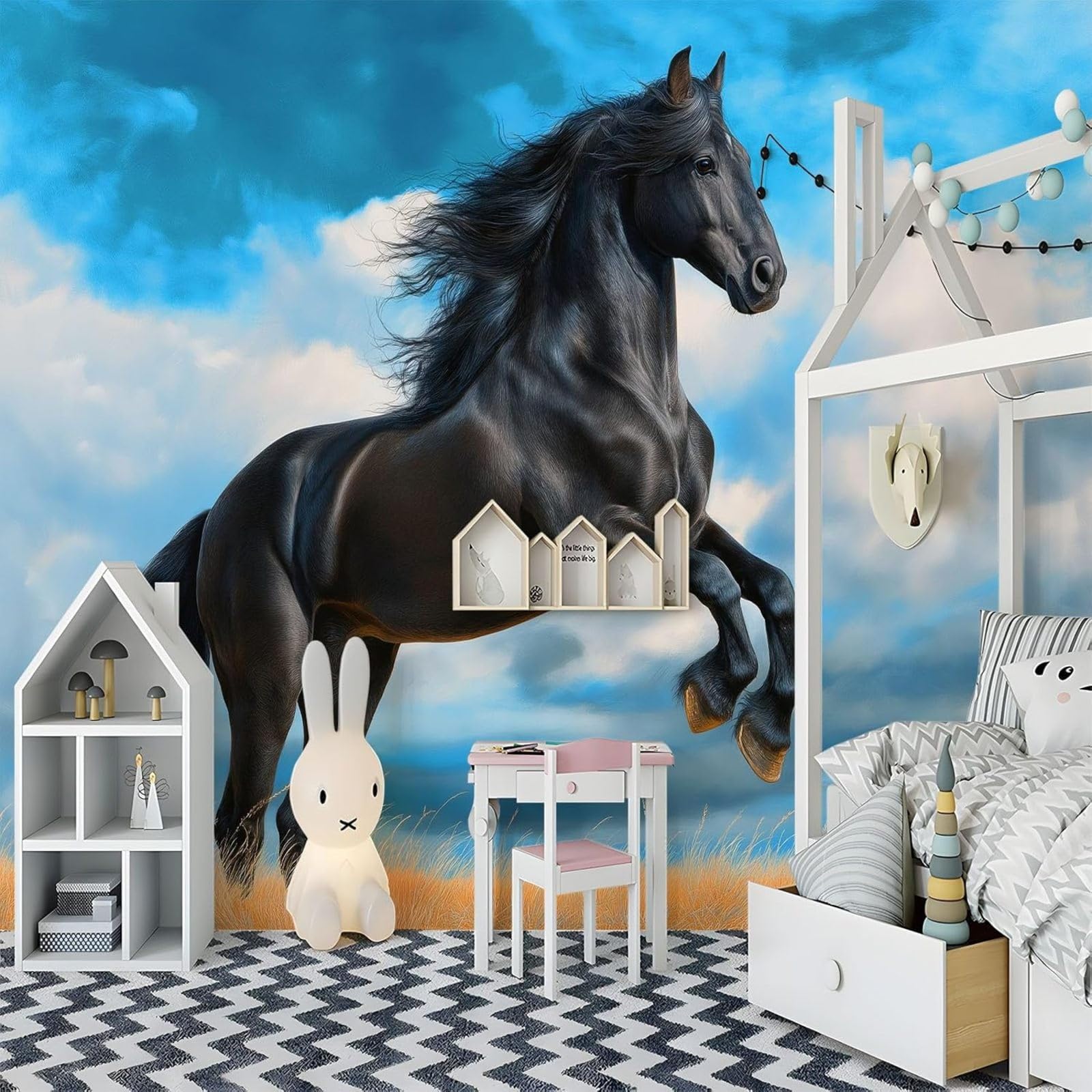 Hyperrealistic Animal Photo Wallpaper, Light Blue Grassland Horse, Non-woven Wallpaper for Living Room, Bedroom, Children's Room – Wall Decoration, 350cm x 256cm Stickers - Frameless Painting - Poster