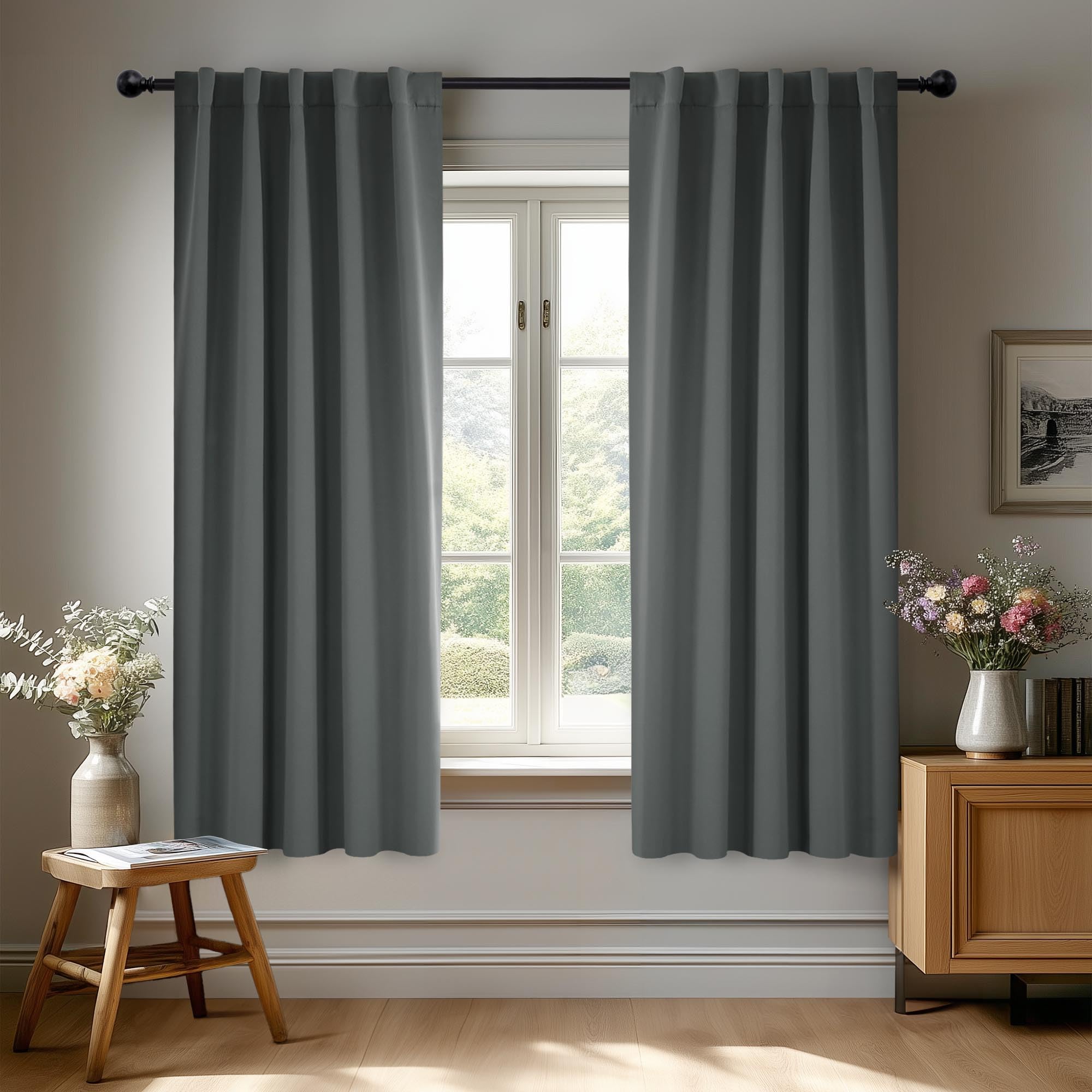 Deconovo Blackout Curtains for Kitchen Window, Dark Grey Thermal Insulated Drapes 45 Inches Long, Back Tab and Rod Pocket Room Darkening Window Curtains, 38W x 45L Inch, 2 Panels