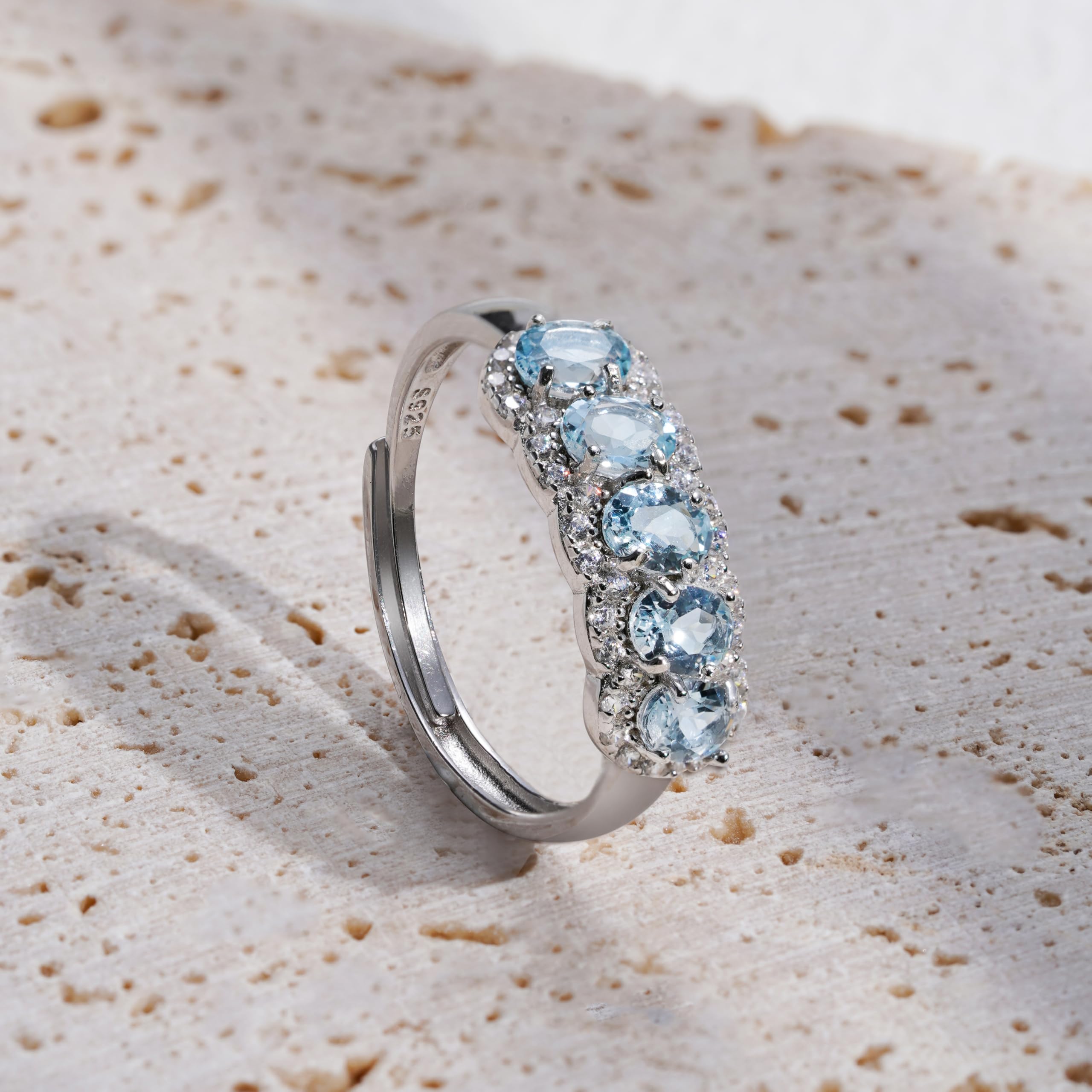 HIGHLY - Anello di acquamarina naturale, argento sterling 925, anelli con pietre preziose per donna, anelli di cristallo, anello regolabile per matrimonio, per donna. Gioielleria di compleanno con