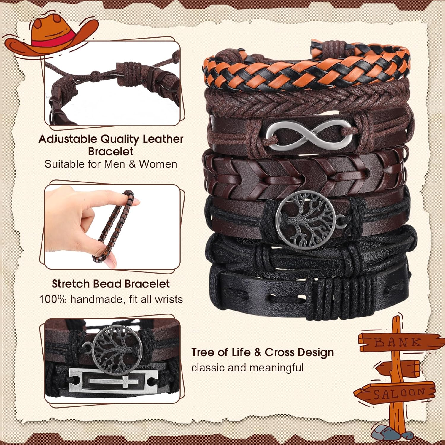 50 Pcs Braided Leather Bracelets for Men Women Wrap Wooden Bead Cuff Bracelet Hemp Cords Ethnic Tribal Handmade Wrap Wristband Bracelets Set Adjustable for Personal Wearing - Image 3