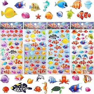 Puffy Fish Stickers for Kids Toddlers 3D Foam Under The Sea Ocean Animal Stickers for Crafts Sea Creatures with Assorted Small Sea Life,Tropical Fish,Sea Turtles Shape Stickers,4 Sheets.