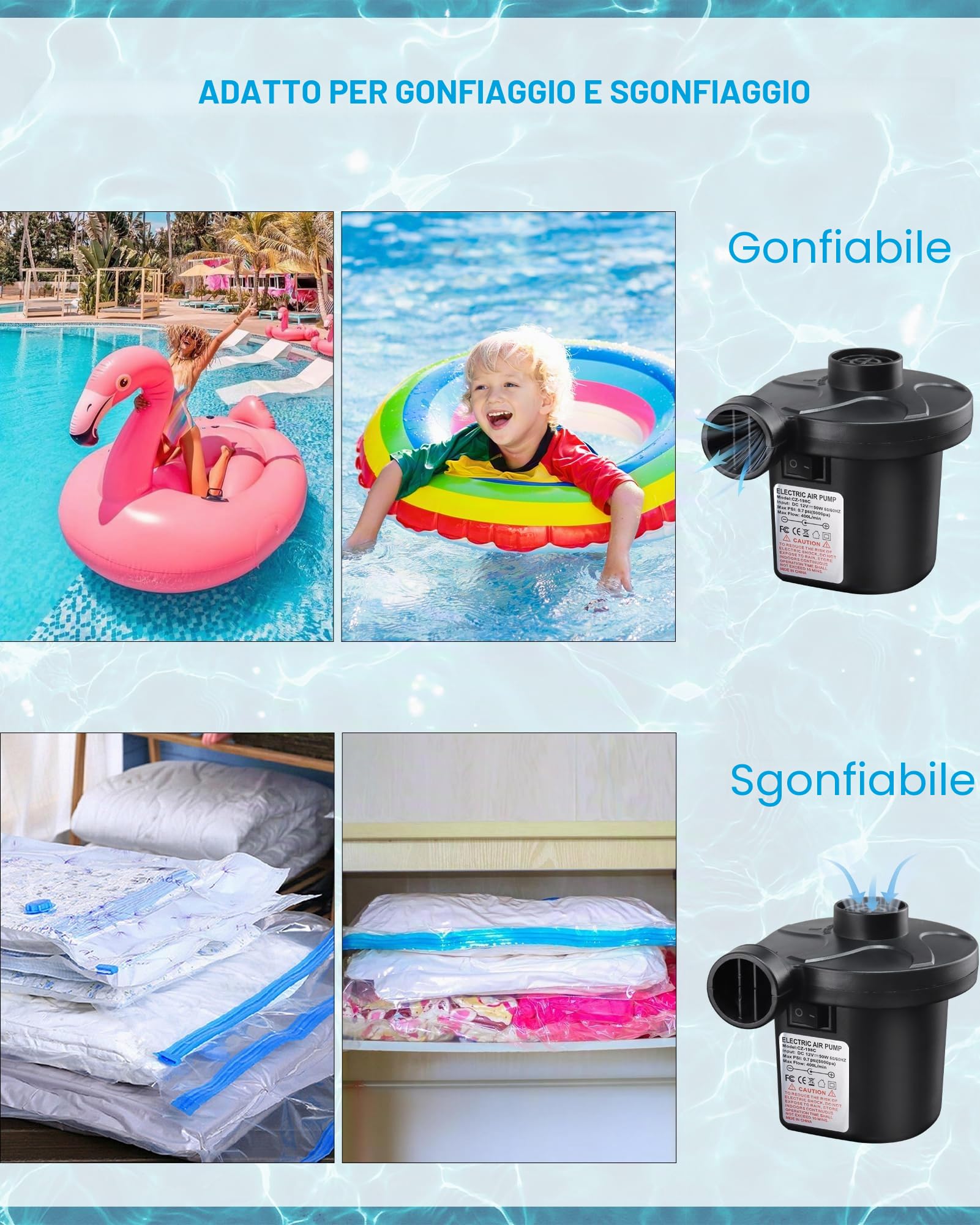 Pompa ad aria elettrica, pompa ad aria per materasso ad aria 2 in 1, pompa elettrica gonfiabile e sgonfiabile, pompa ad aria portatile per materasso, piscina, materasso ad aria, barca galleggiante