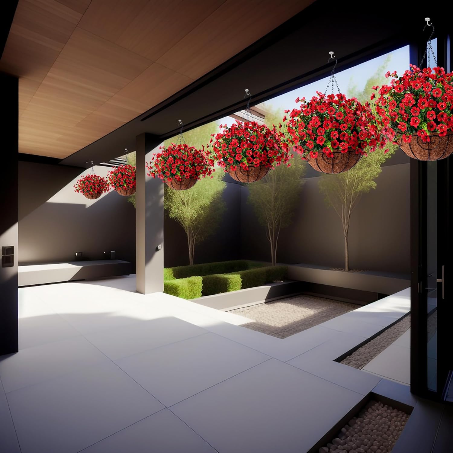 Artificial Flowers Hanging Basket for Outdoor Indoor Spring Summer Decoration,Fake Silk Colorful Daisy Eucalyptus in 12" Coconut Lining Flowerpot Arrangement for Home Patio Yard Decor(Red) - Image 9