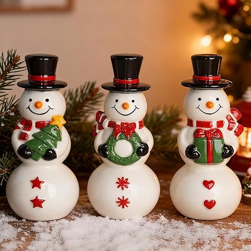NEROSUN Figuras de muñeco de nieve de Navidad, juego de 3 bonitos adornos de muñeco de nieve de cerámica, decoración de Navidad, centro de mesa de
