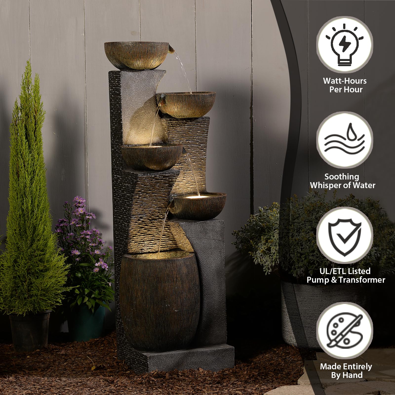 Bumilgar 130cm Großer Gartenbrunnen Springbrunnen für Außen mit LED Beleuchtung, 5-stufiger Wasserspiel Wasserfall Brunnen für Garten,Balkon,Terrasse,Grau