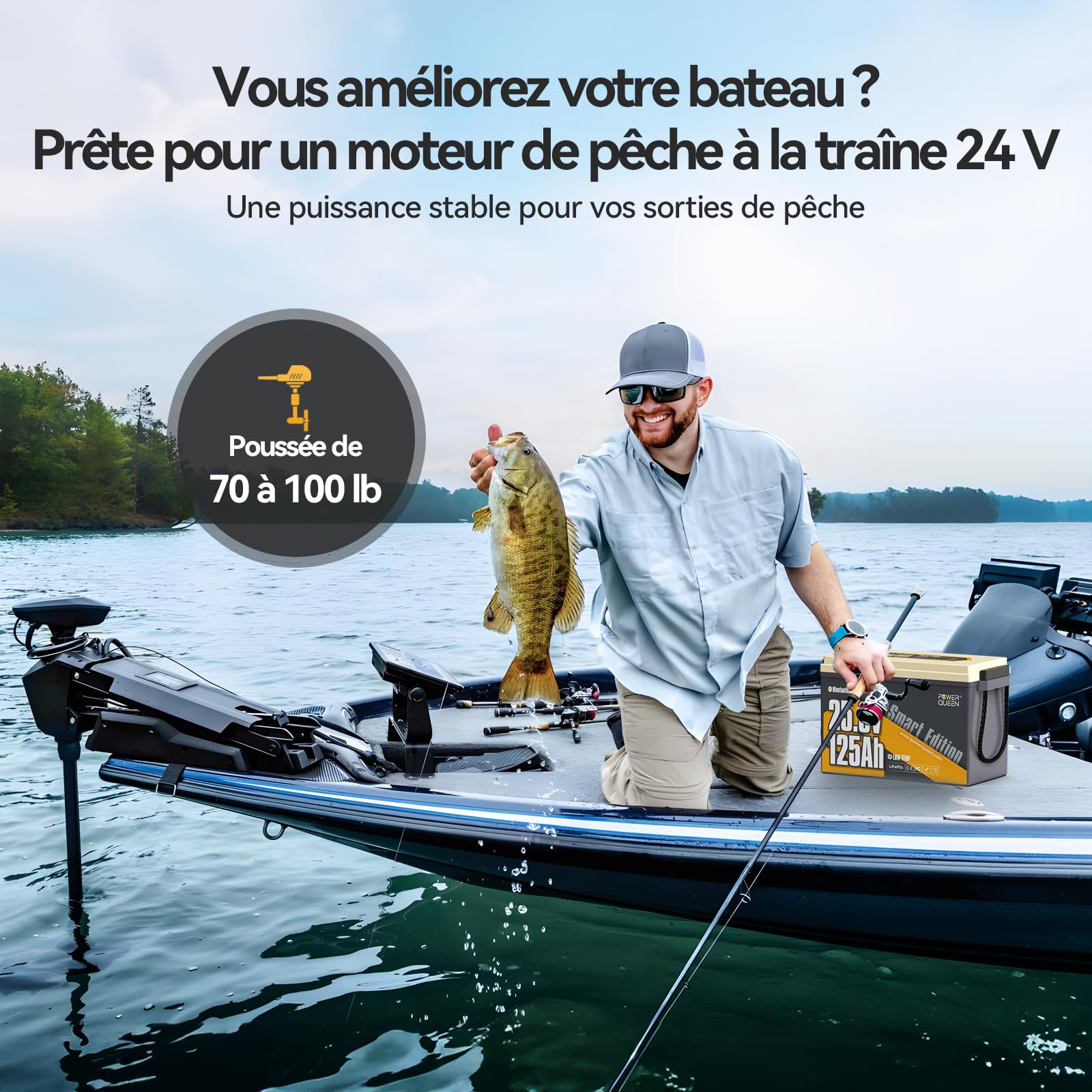Power Queen 25.6V 125Ah Batterie Lithium Bluetooth Auto-Chauffage, BMS 125A 3200Wh Énergie Batterie LiFePO4, IP67 Étanche 15000+ Cycles Profonds, pour Camping-Car, Caravane, Moteur Électrique Bateau