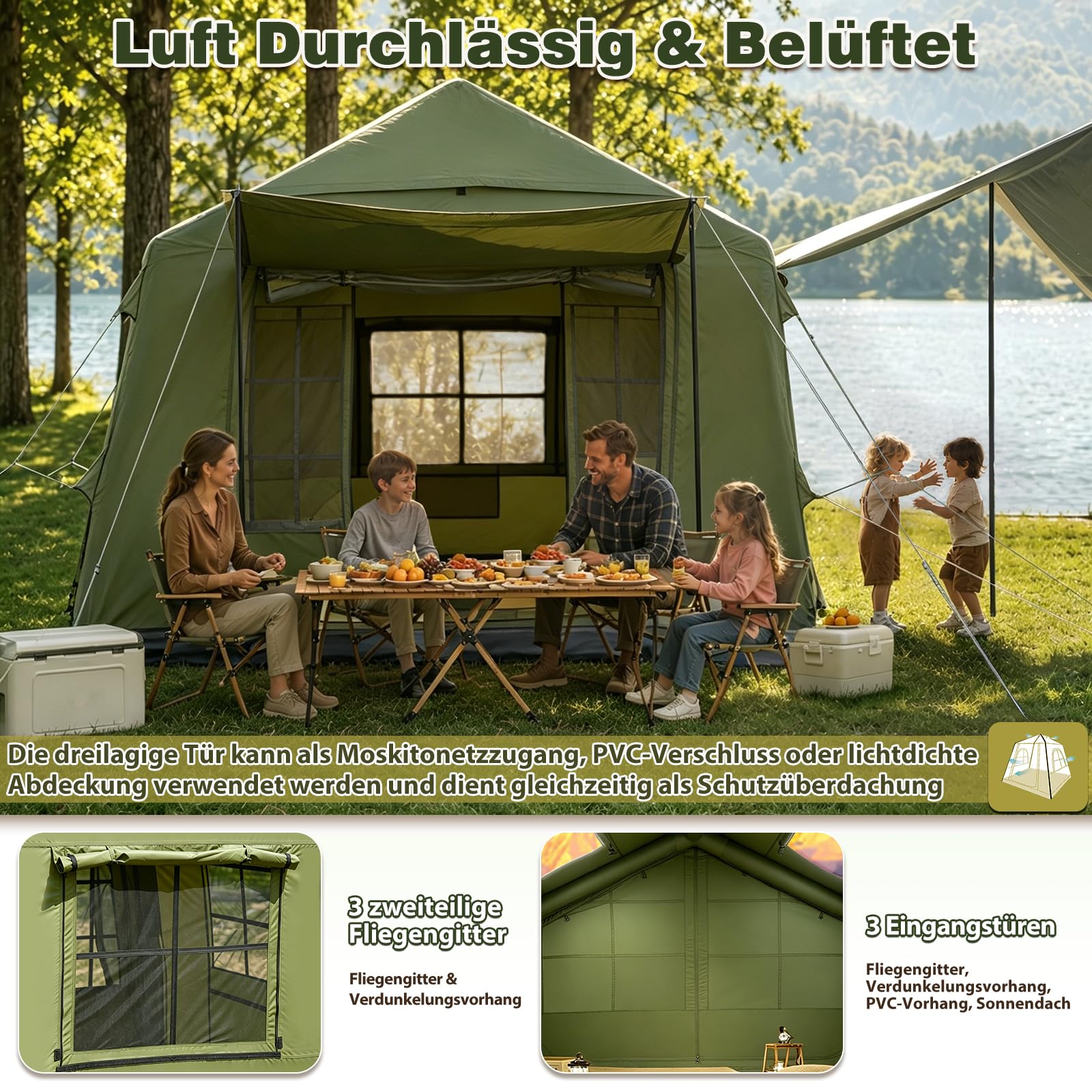 2-10Personen Aufblasbares Gampingzelt mit Oberlichter&Kaminöffnung, 420D Oxford Outdoor Familien Hauszelt Zelt, 4Jahreszeiten, wasserdichte, Ventilationssystem