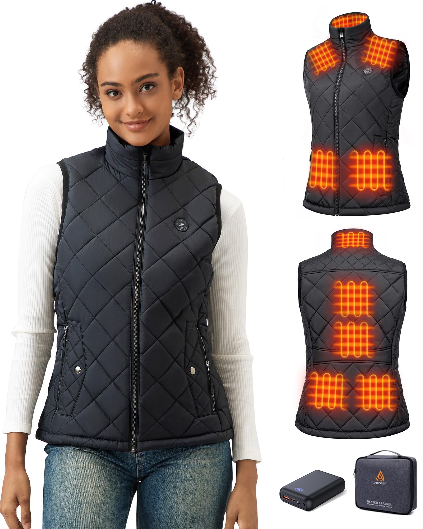 Gilet riscaldante da donna con power bank da 16000 mAh, 7,4 V, con 9 zone di riscaldamento e 3 temperature regolabili, gilet riscaldato per attività all'aperto, escursionismo, sci, Nero , L