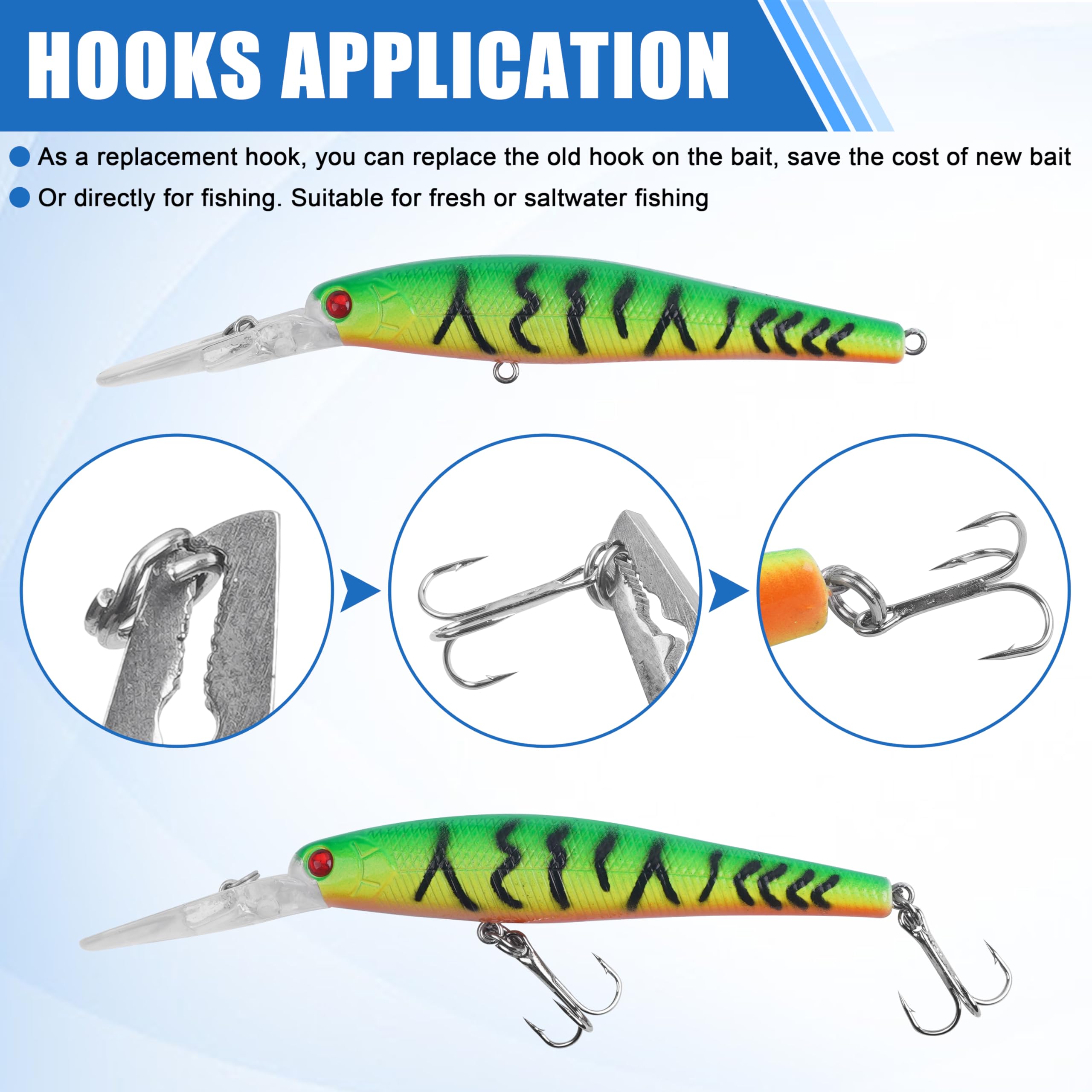 OROOTL Fishing Treble Hooks Kit, 120pcs Assorted Classic High Carbon Steel Treble Fishing Hooks Size 1 2 4 6 8 10 Round Bend Triple Hook for Saltwater 