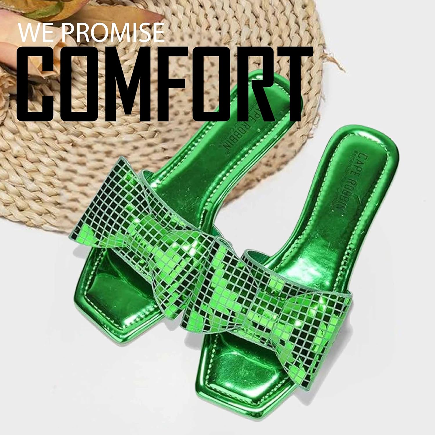 Cape Robbin Women's Slip-On Flat Sandals - Square Toe, Disco Ball Metallic Design with Bow Tie, Summer Dressy Sandals (Botania) - Image 4